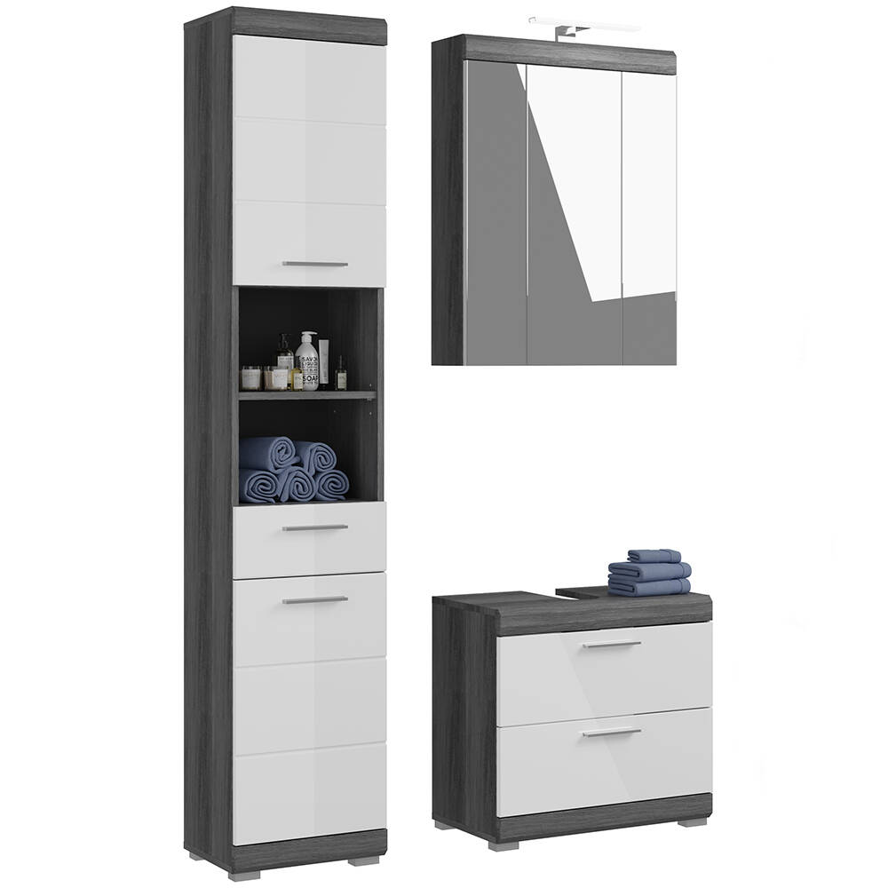 Badezimmermöbel Set 3-teilig modern in Hochglanz weiß mit grau SIROCO-158 günstig online kaufen