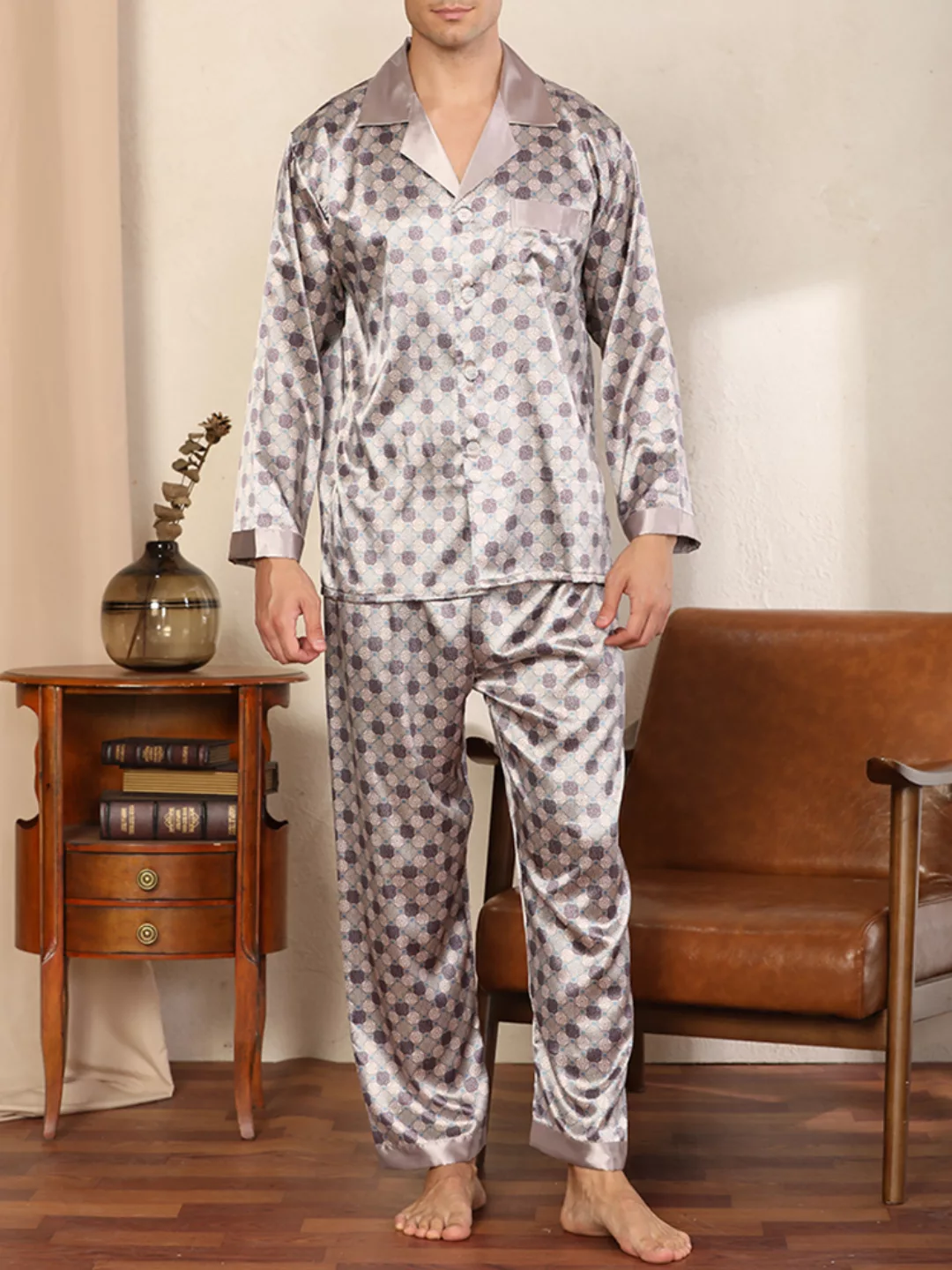 Geometric Faux Silk Home Loungewear Sets Zweiteilige Langarmhemd Outfits fü günstig online kaufen