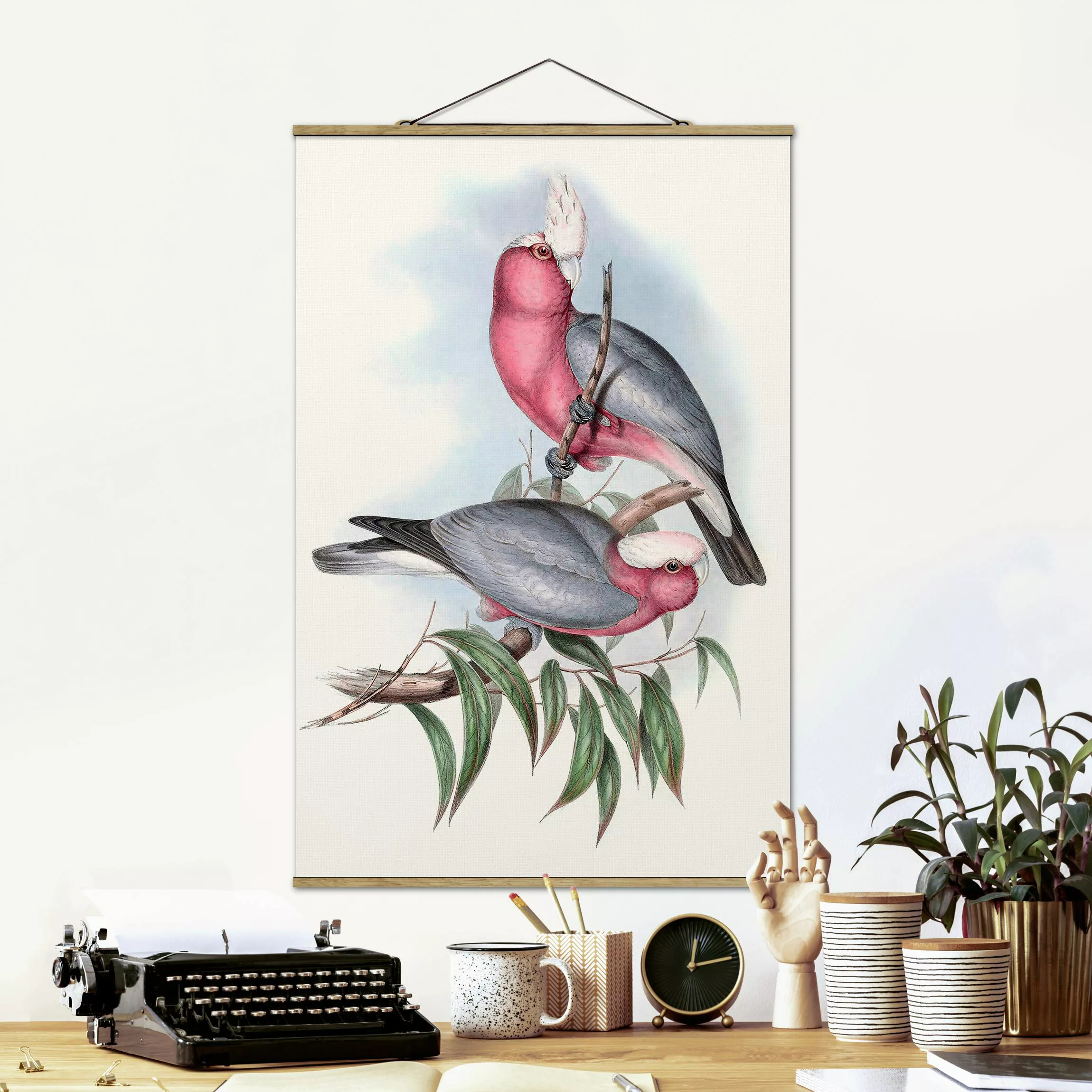 Stoffbild Tiere mit Posterleisten - Hochformat Pastell Papageien II günstig online kaufen