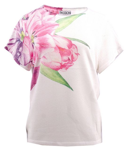 Passioni Print-Shirt Perforiertes T-Shirt in Weiß mit Blumenprint Rundhalsa günstig online kaufen
