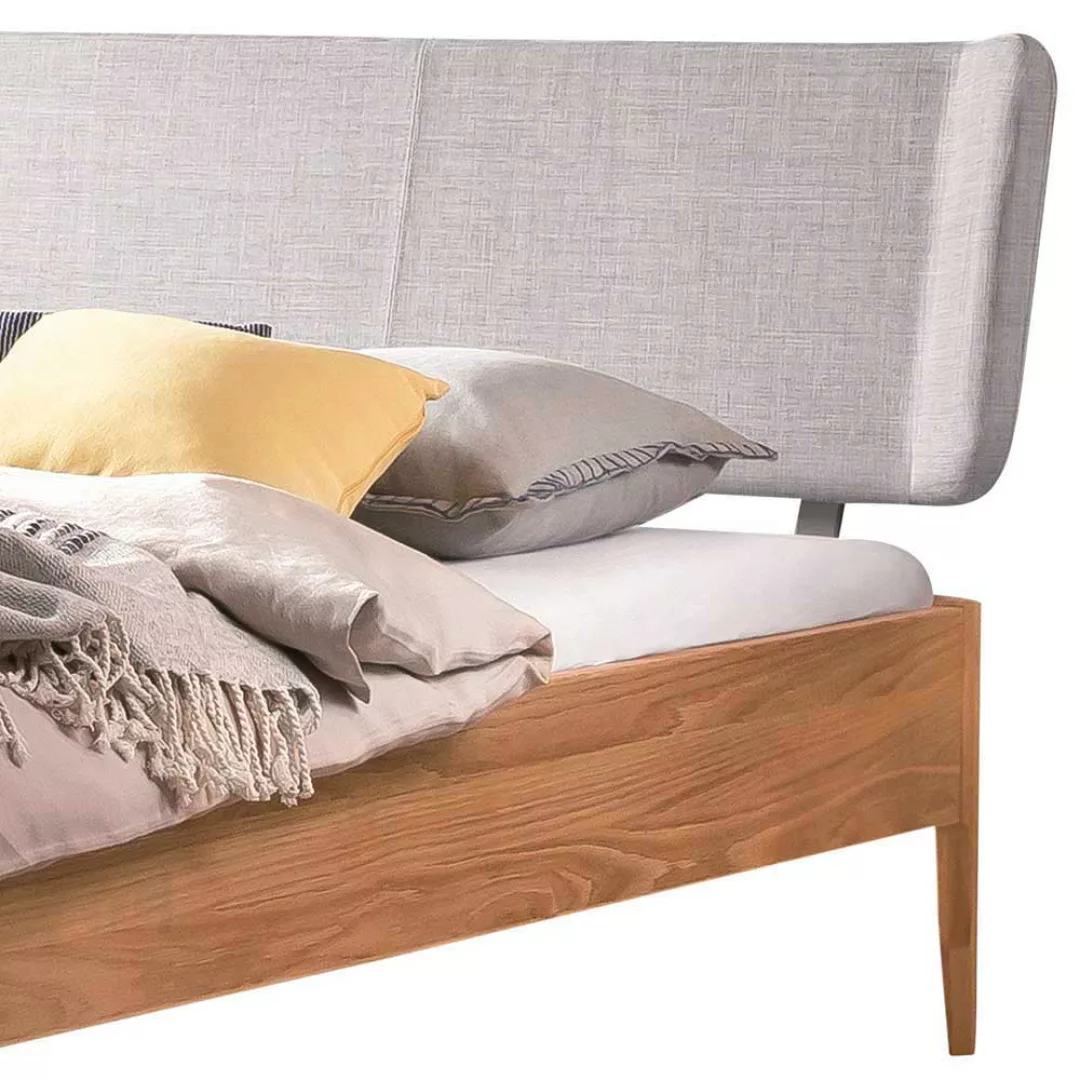 Doppelbett Eiche hell massiv in modernem Design mit Polsterkopfteil in Grau günstig online kaufen