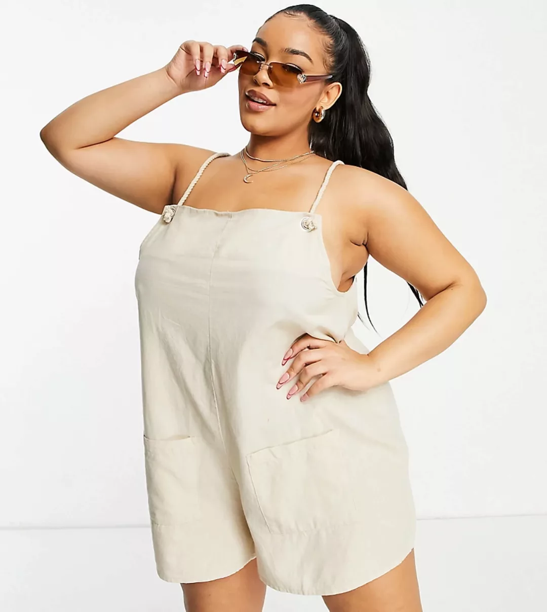 ASOS DESIGN Curve – Latz-Playsuit mit Tasche und Trägern im Seildesign in S günstig online kaufen