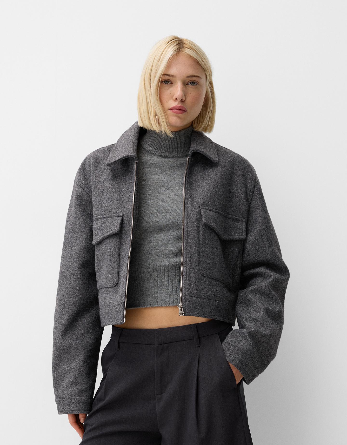 Bershka Soft-Cropped-Jacke Damen L Dunkelgrau günstig online kaufen