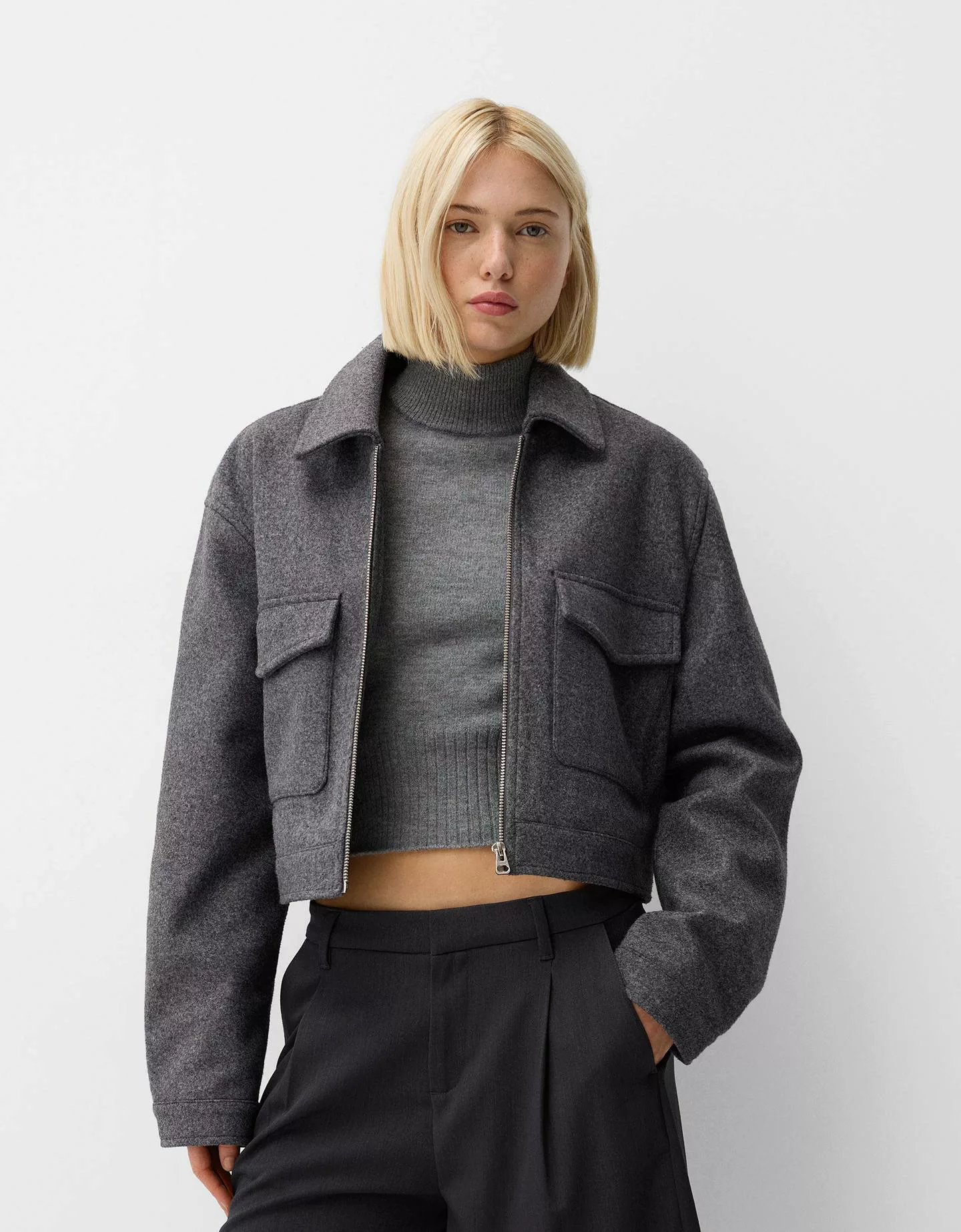 Bershka Soft-Cropped-Jacke Damen S Dunkelgrau günstig online kaufen