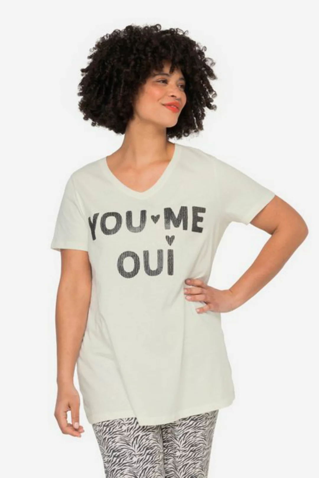 Angel of Style Rundhalsshirt T-Shirt Pailletten-Schriftzug V-Ausschnitt Hal günstig online kaufen