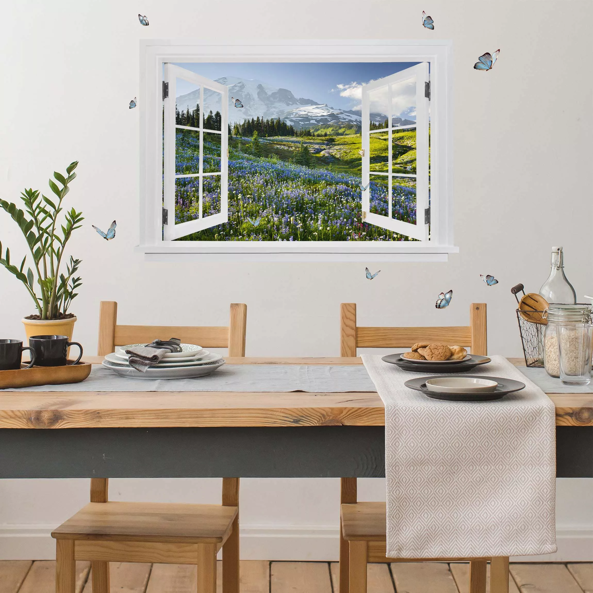 3D Wandtattoo Offenes Fenster Bergwiese mit Blumen vor Mt. Rainier und Schm günstig online kaufen