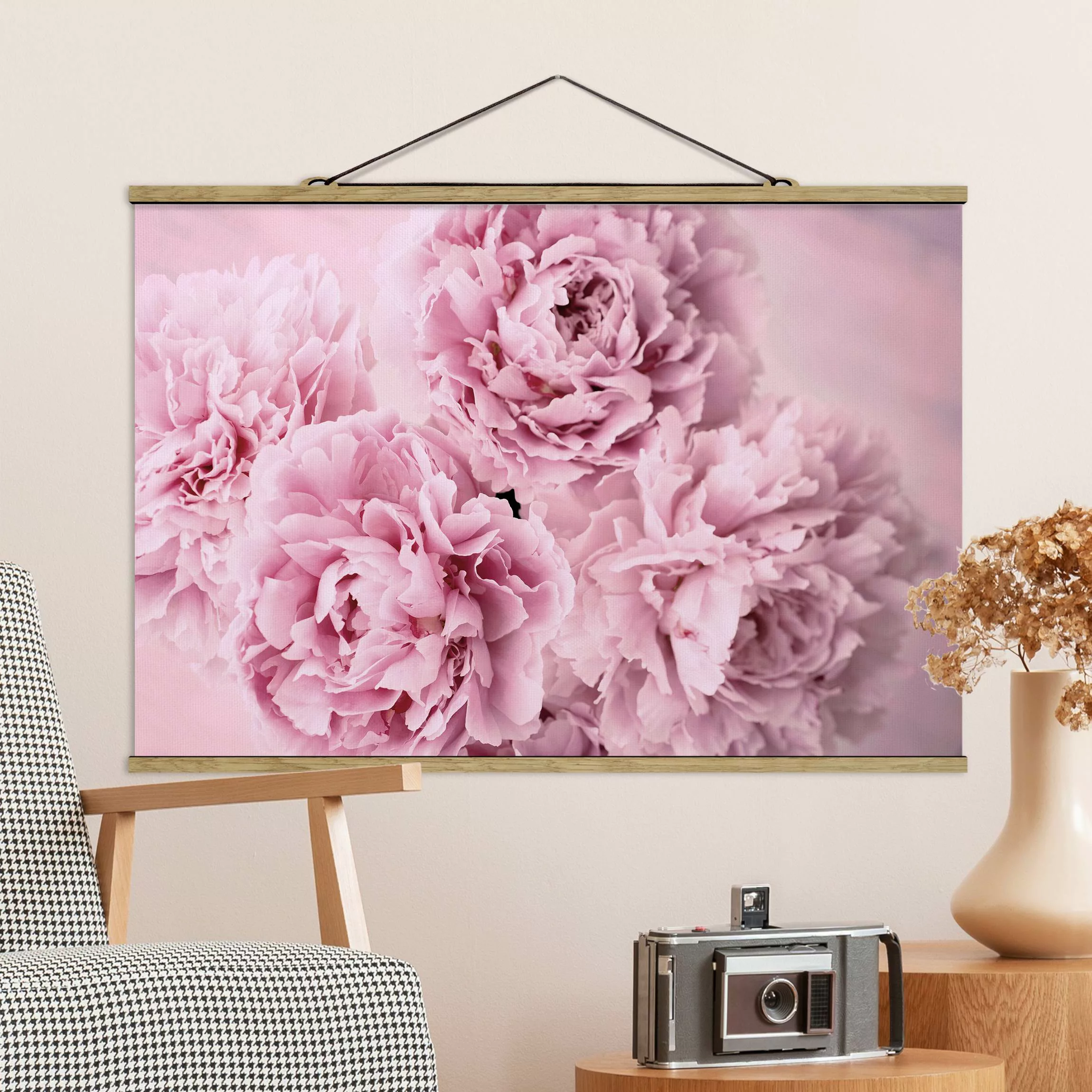 Stoffbild Blumen mit Posterleisten - Querformat Rosa Pfingstrosen günstig online kaufen