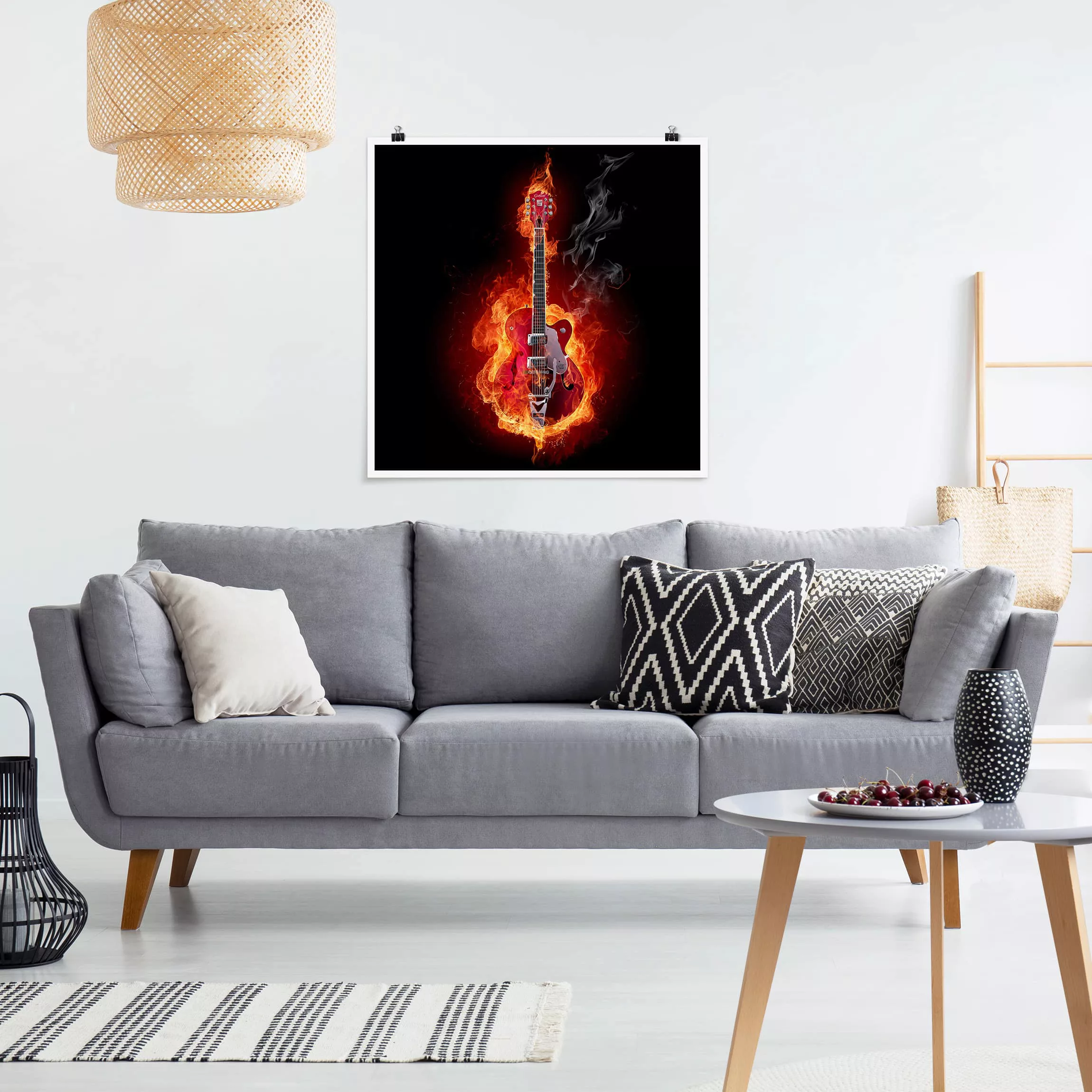 Poster Kinderzimmer - Quadrat Gitarre in Flammen günstig online kaufen