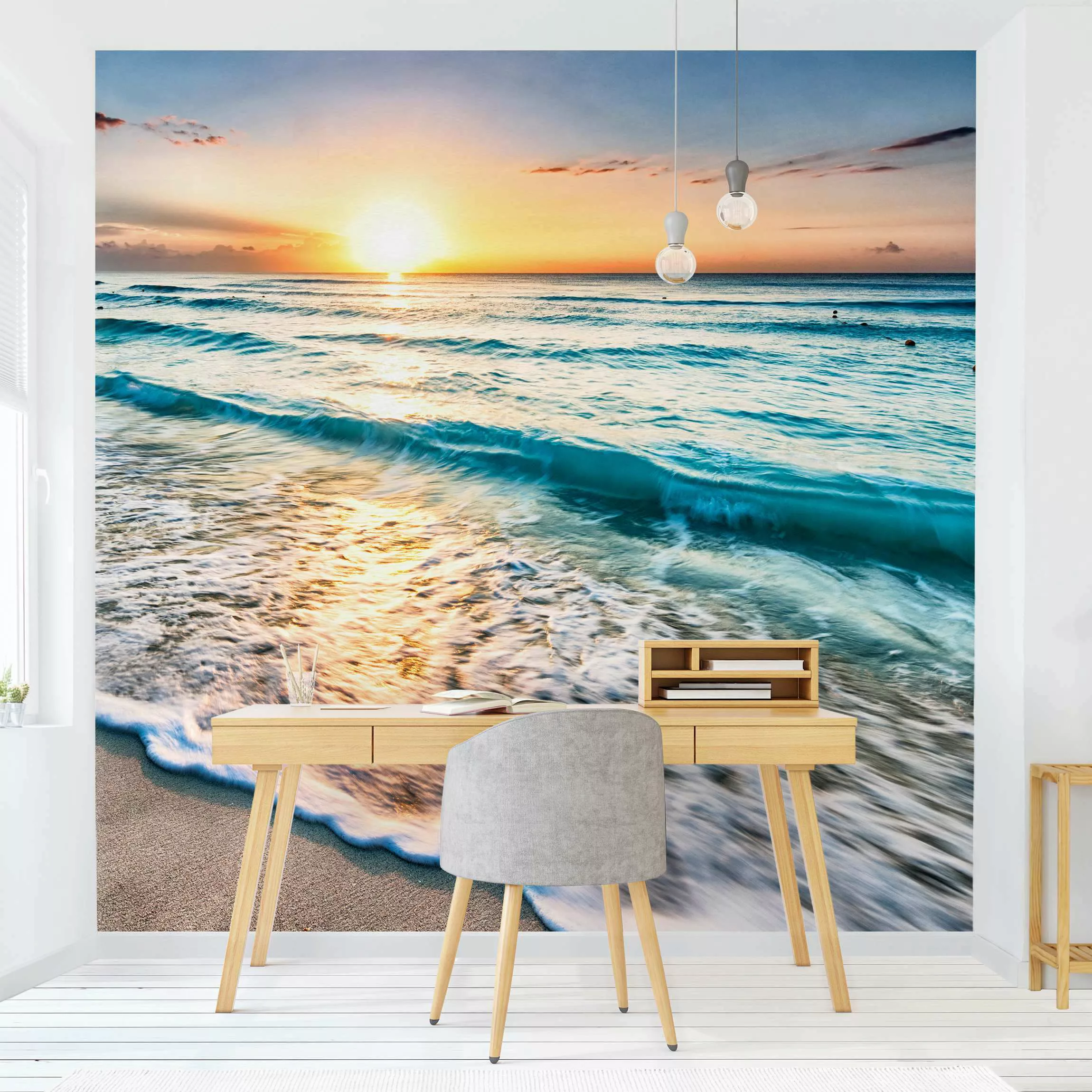 Bilderwelten Fototapete Strand Sonnenuntergang am Strand orange Gr. 192 x 1 günstig online kaufen