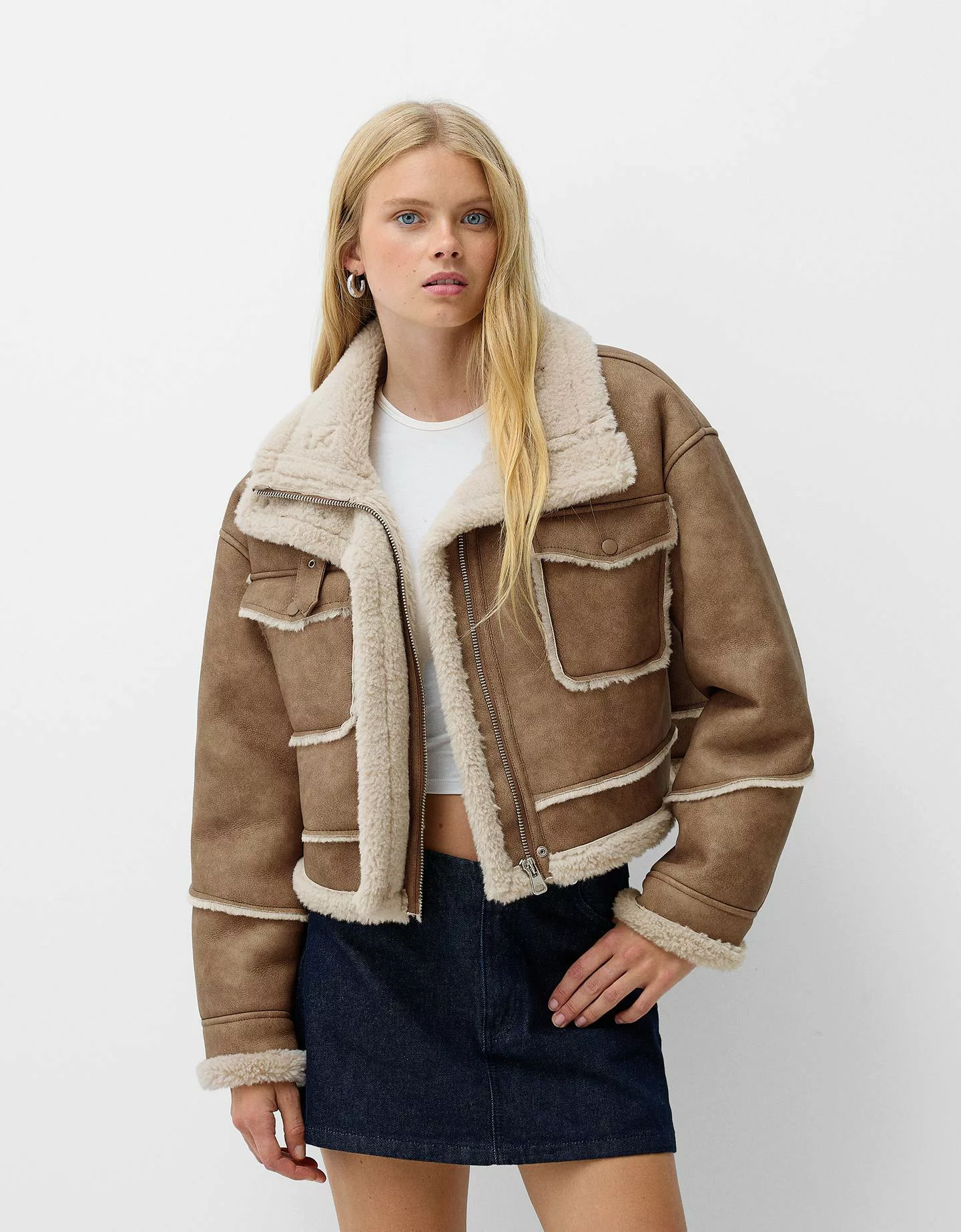 Bershka Doubleface-Kunstlederjacke Damen M Camel günstig online kaufen