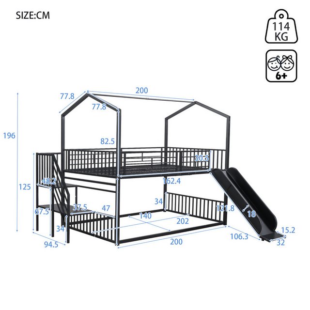FUROKOY Etagenbett Eisenrahmenbett Hausmodellierung, ausgestattet mit Rutsc günstig online kaufen