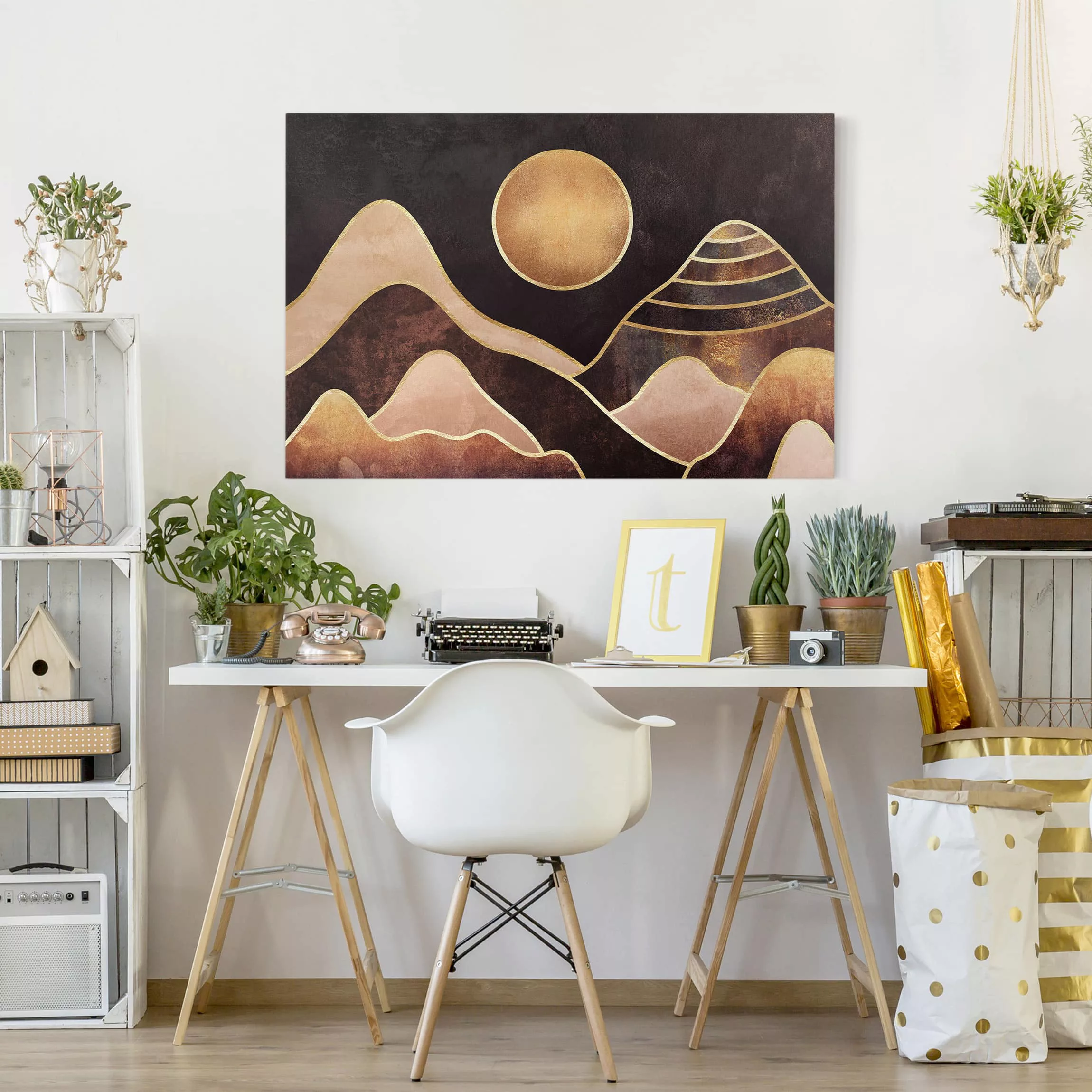 Leinwandbild Abstrakt - Querformat Goldene Sonne abstrakte Berge günstig online kaufen