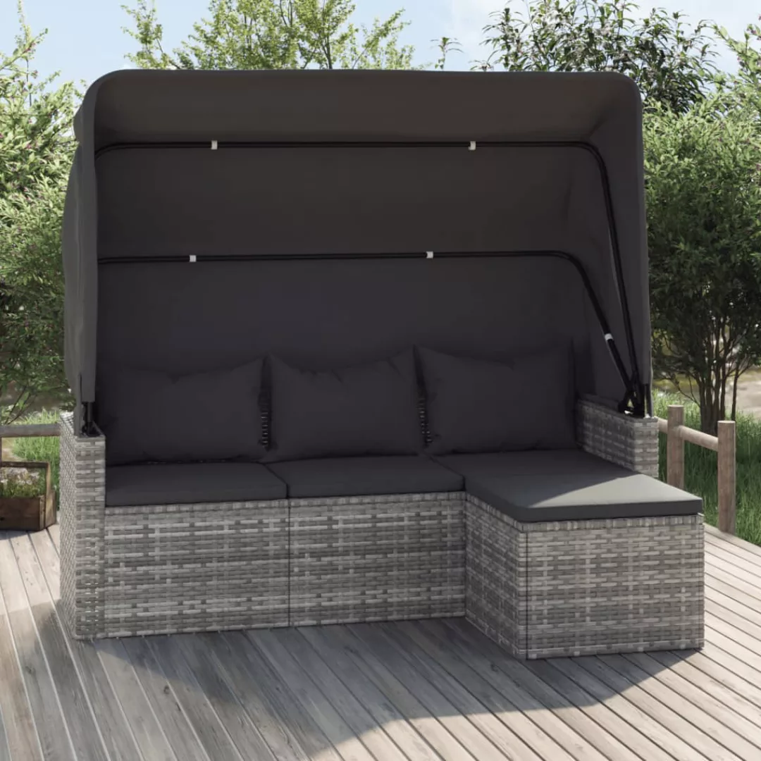 Vidaxl 3-sitzer-gartensofa Mit Dach Und Fußhocker Grau Poly Rattan günstig online kaufen