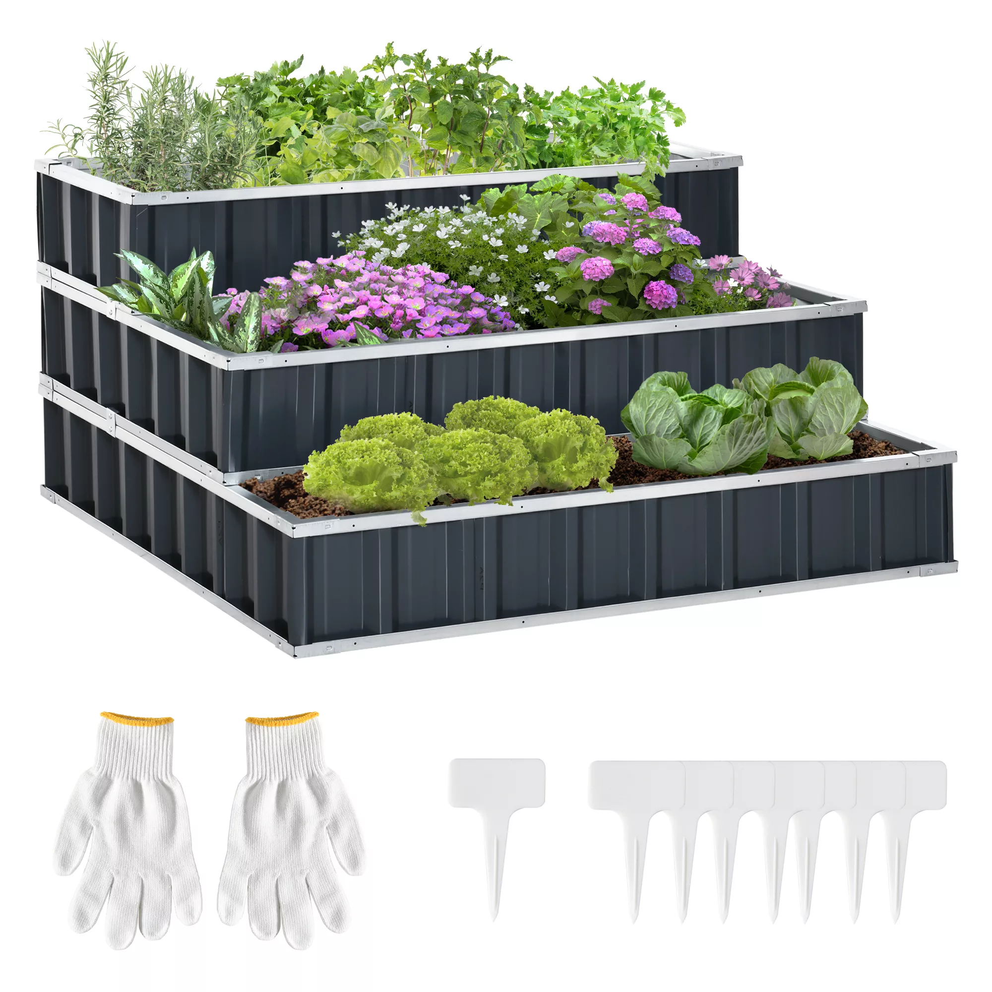 Outsunny Hochbeet aus Stahl 3-stufige Gartenbeet mit T-Form-Pflanzenschilde günstig online kaufen