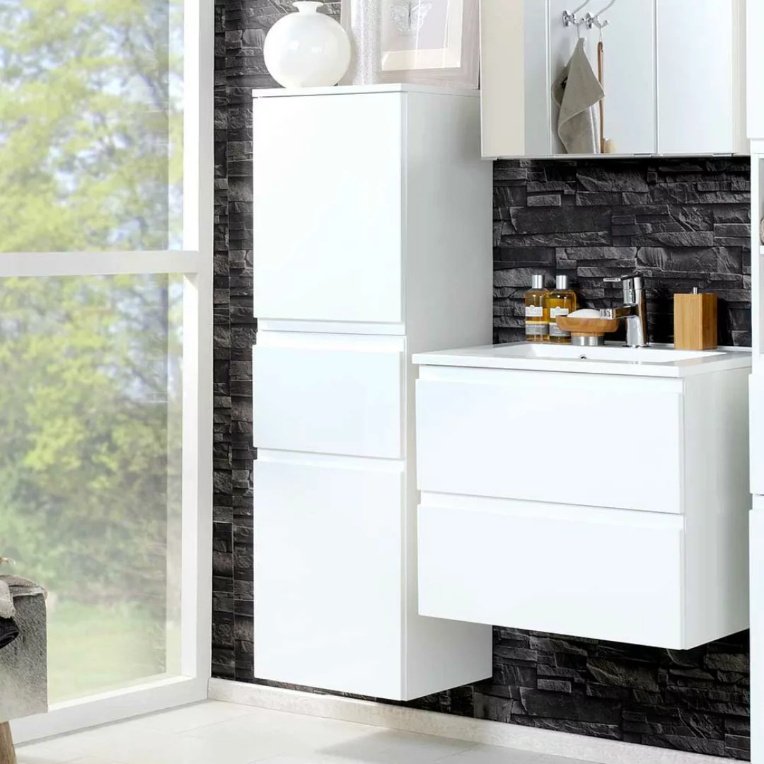 Badezimmer Set in 3D Spiegelschrank Hochglanz Weiß (dreiteilig) günstig online kaufen