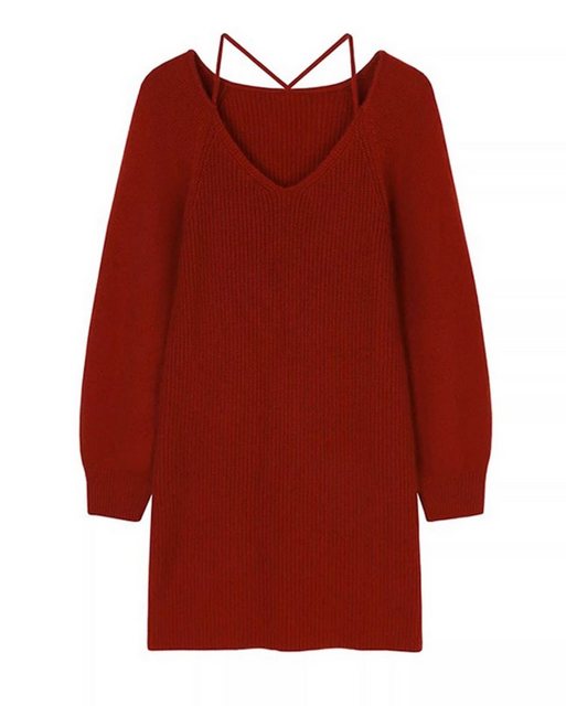FIDDY Strickkleid Roter Retro-Pullover mit V-Ausschnitt, lockerer Strickpul günstig online kaufen