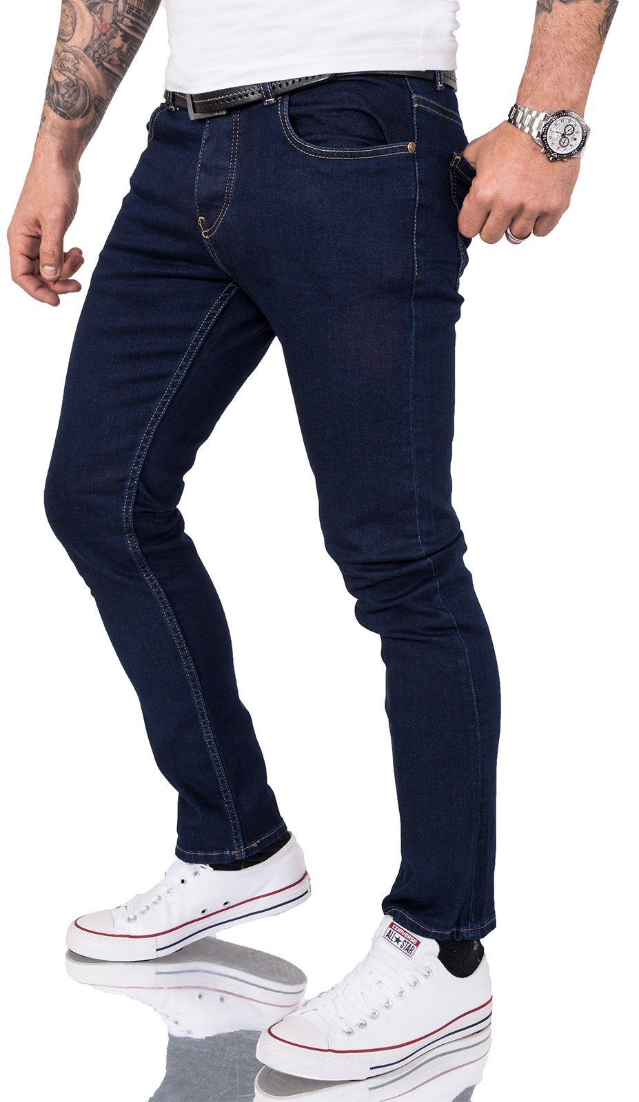 Gelverie Slim-fit-Jeans Herren Jeans Stonewashed Dunkelblau günstig online kaufen
