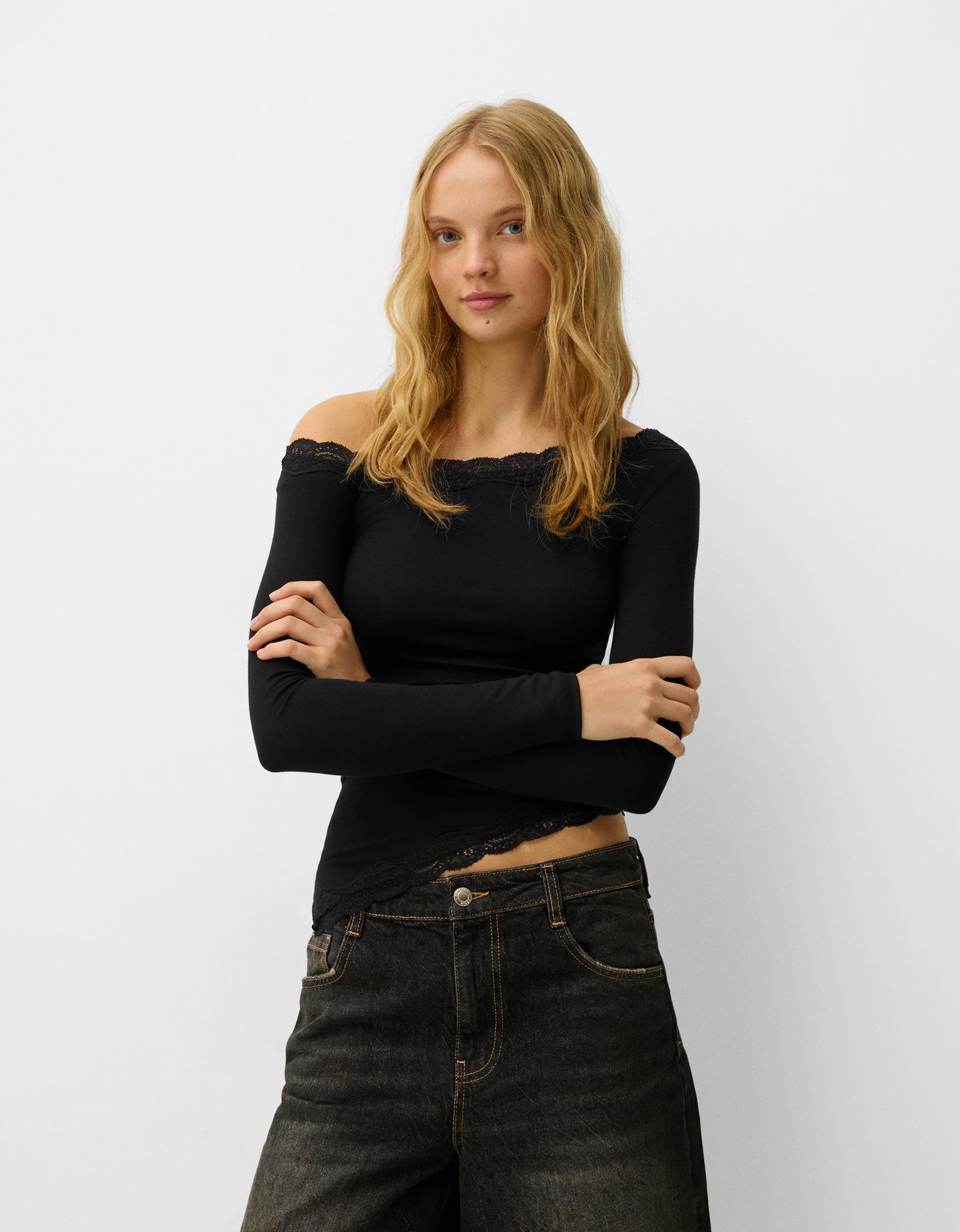 Bershka Asymmetrisches Langarmshirt Aus Spitze Mit Langen Ärmeln Damen Xs S günstig online kaufen