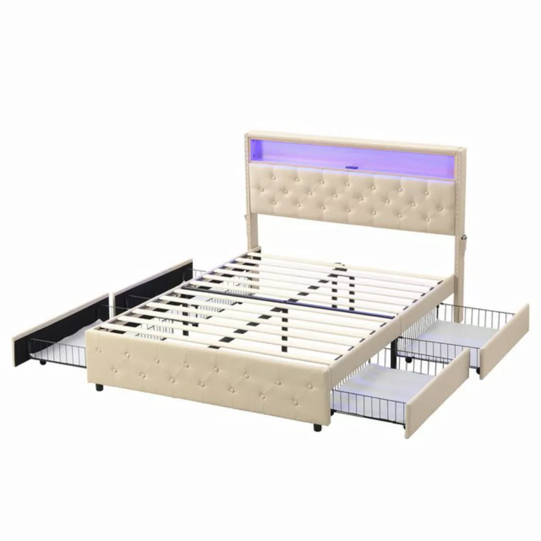 MODFU Polsterbett Doppelbett (LED-Bett, Nachttisch-USB-Schnittstelle, Polst günstig online kaufen