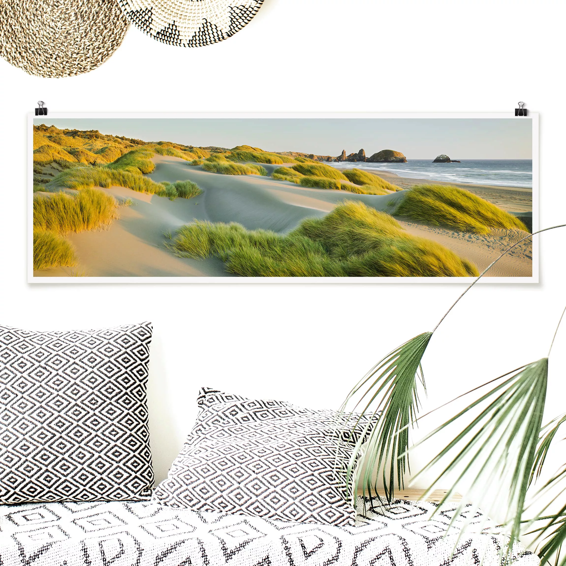 Panorama Poster Strand Dünen und Gräser am Meer günstig online kaufen