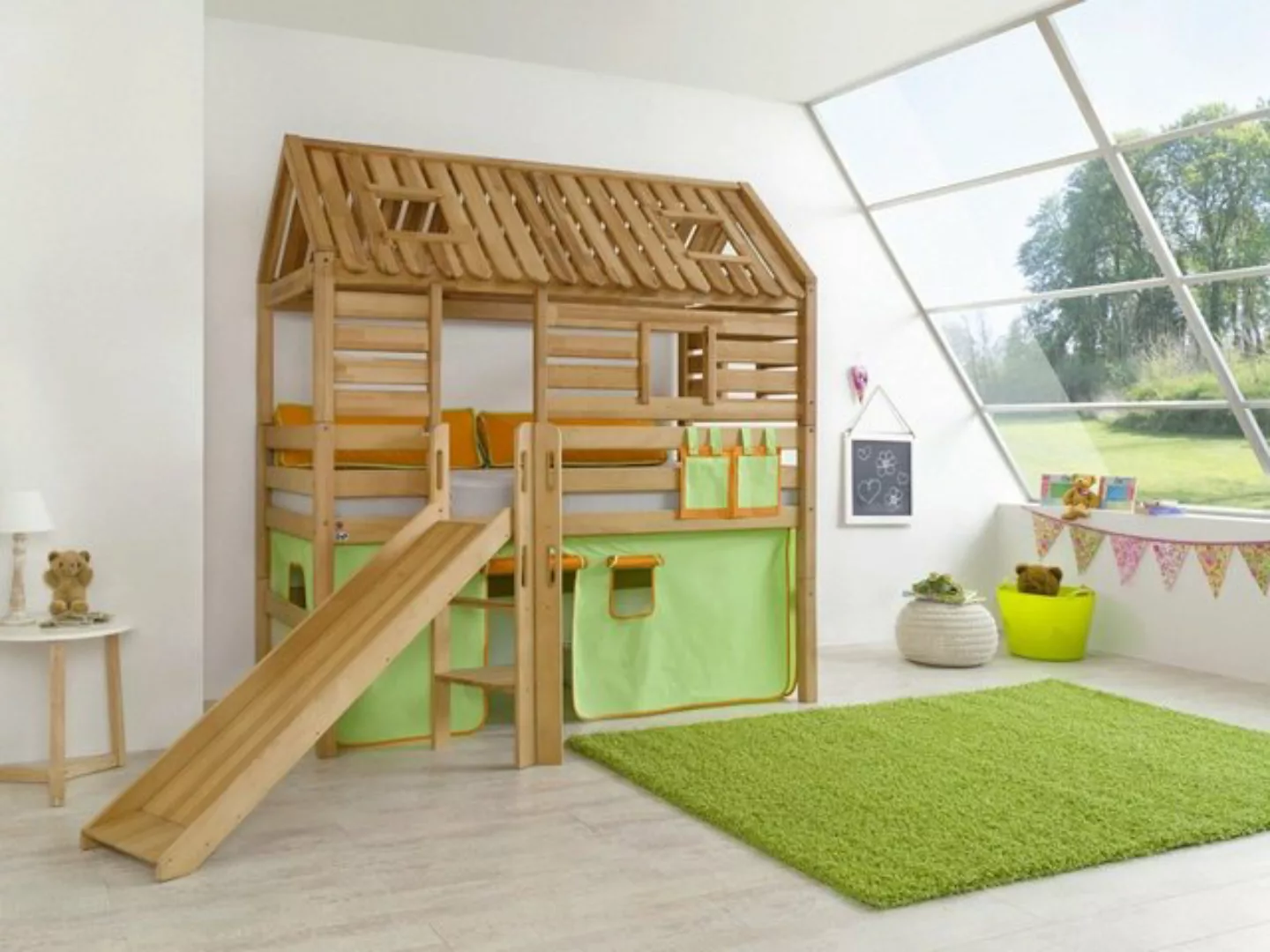 Natur24 Einzelbett Halbhohes Spielbett Elyas Buche Natur 90x200 cm mit Ruts günstig online kaufen