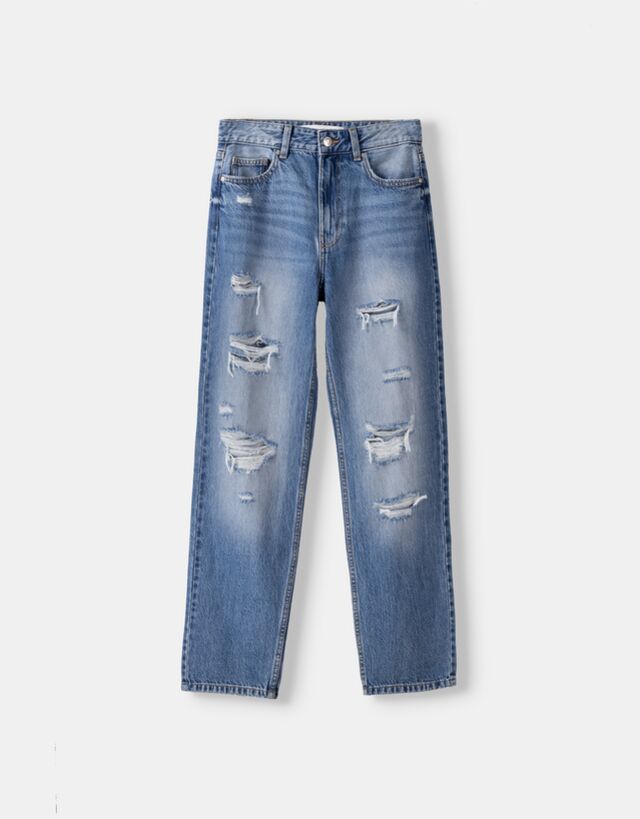 Bershka Cropped-Jeans Im Straight-Fit Bskteen 44 Ausgewaschenes Blau günstig online kaufen