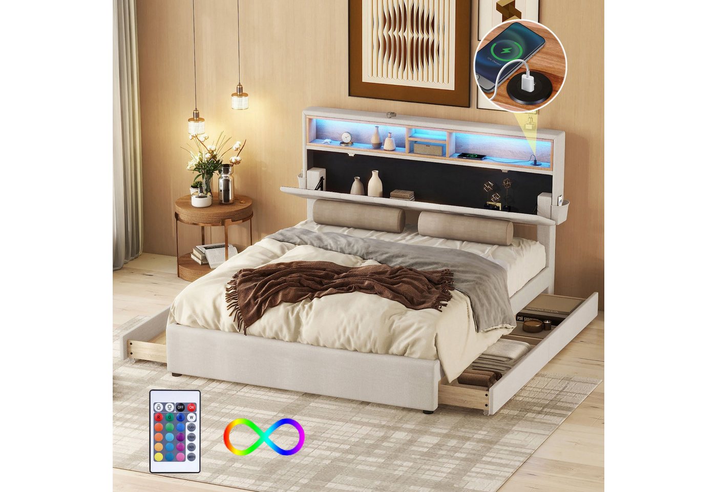 FUROKOY Polsterbett Doppelbett Lagerungsbett mit USB-Aufladung und LED-Bele günstig online kaufen