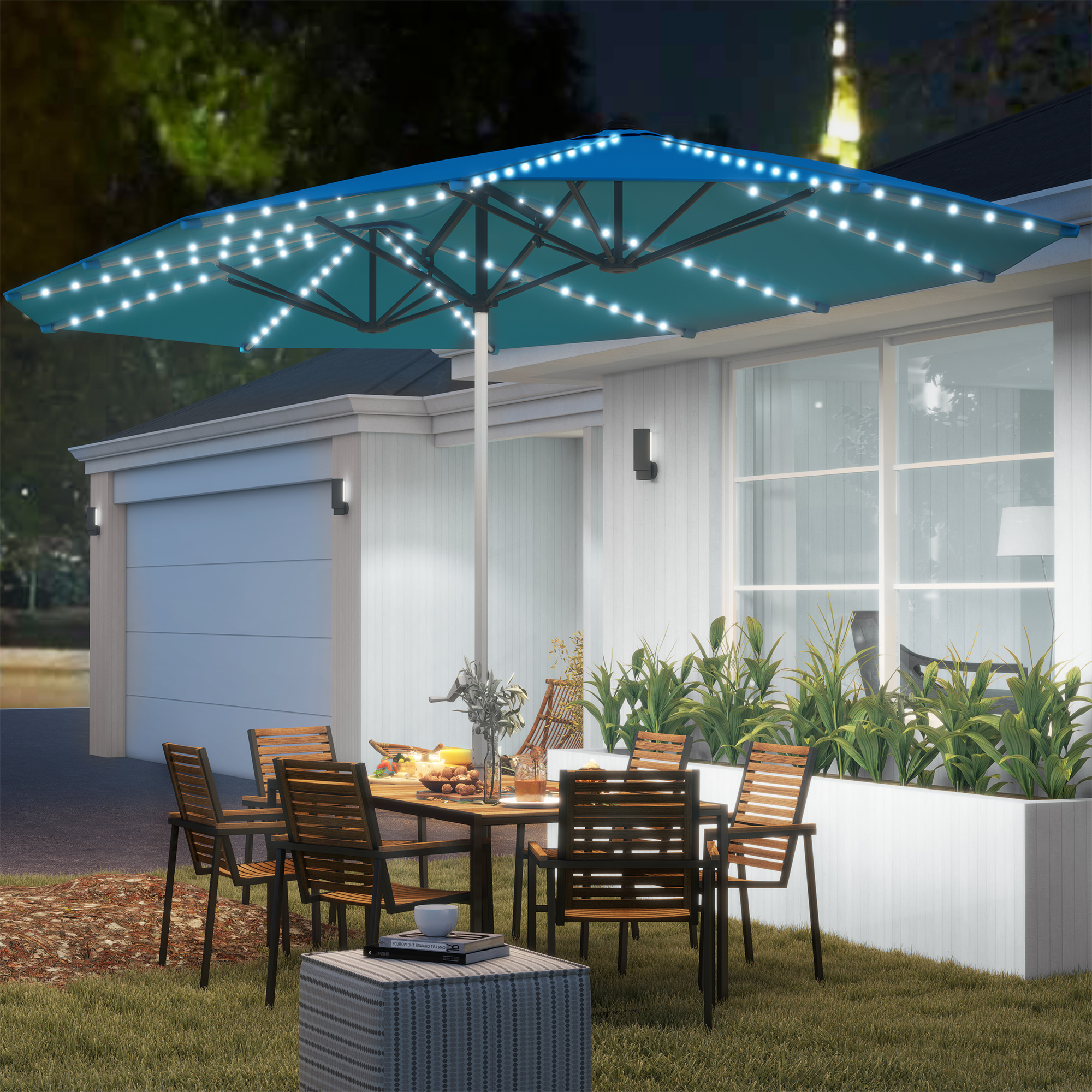 Outsunny Doppelsonnenschirm mit Solar LED Lichtern 451x267 cm Aluminium UV günstig online kaufen