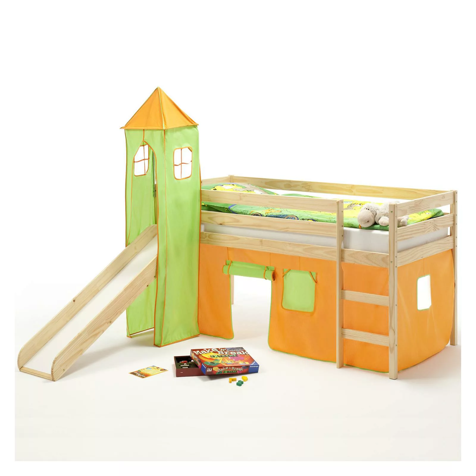 Spielbett BENNY,Turm+Vorhang orange/grün günstig online kaufen