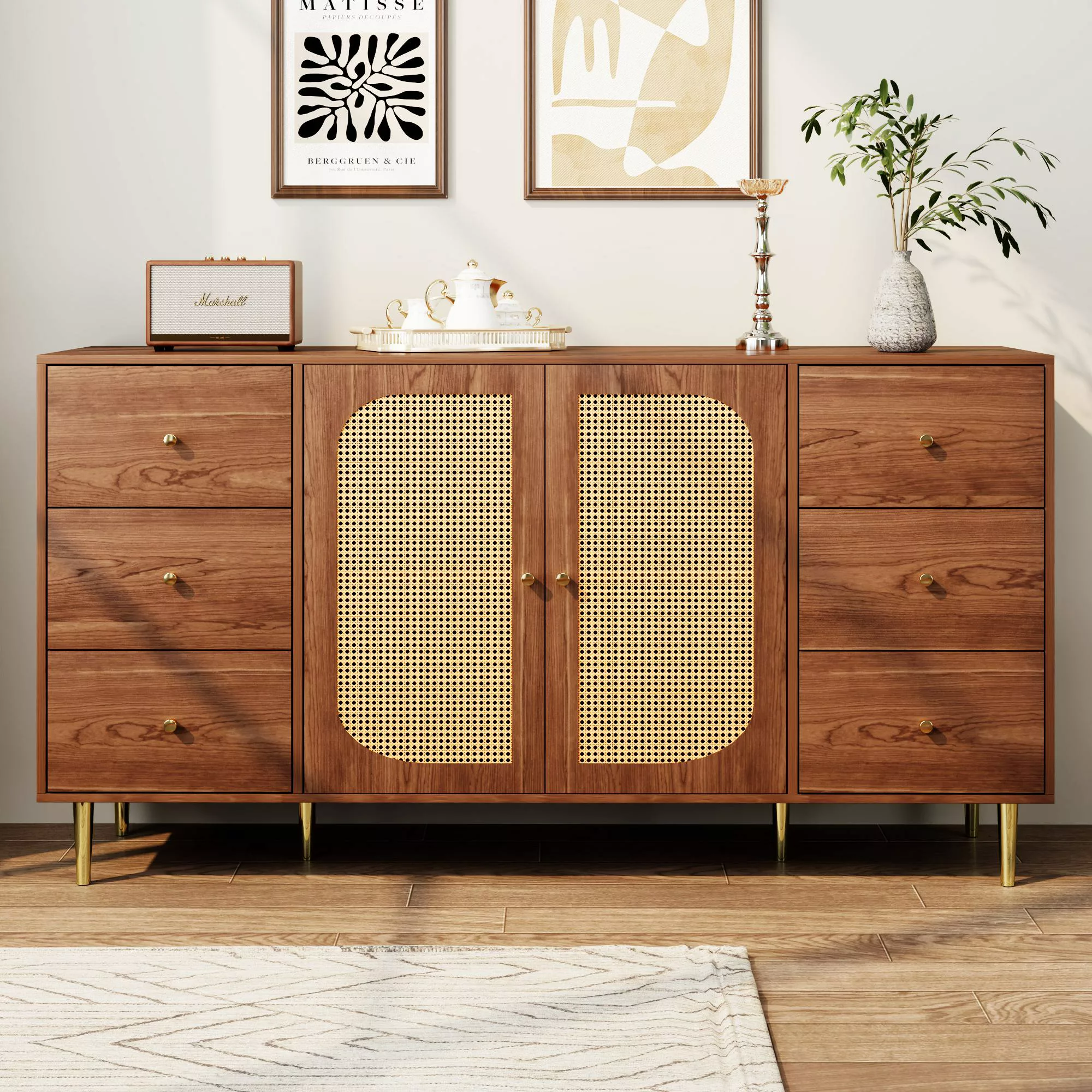 Rattan-Sideboard mit Schubladen, eleganter Aufbewahrungsschrank, 160×40×90 günstig online kaufen