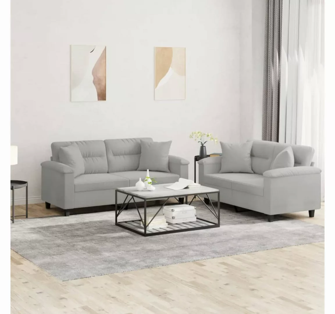 vidaXL Sofa Sofagarnitur Set mit Kissen Mikrofasergewebe, 2-tlg., Hellgrau günstig online kaufen