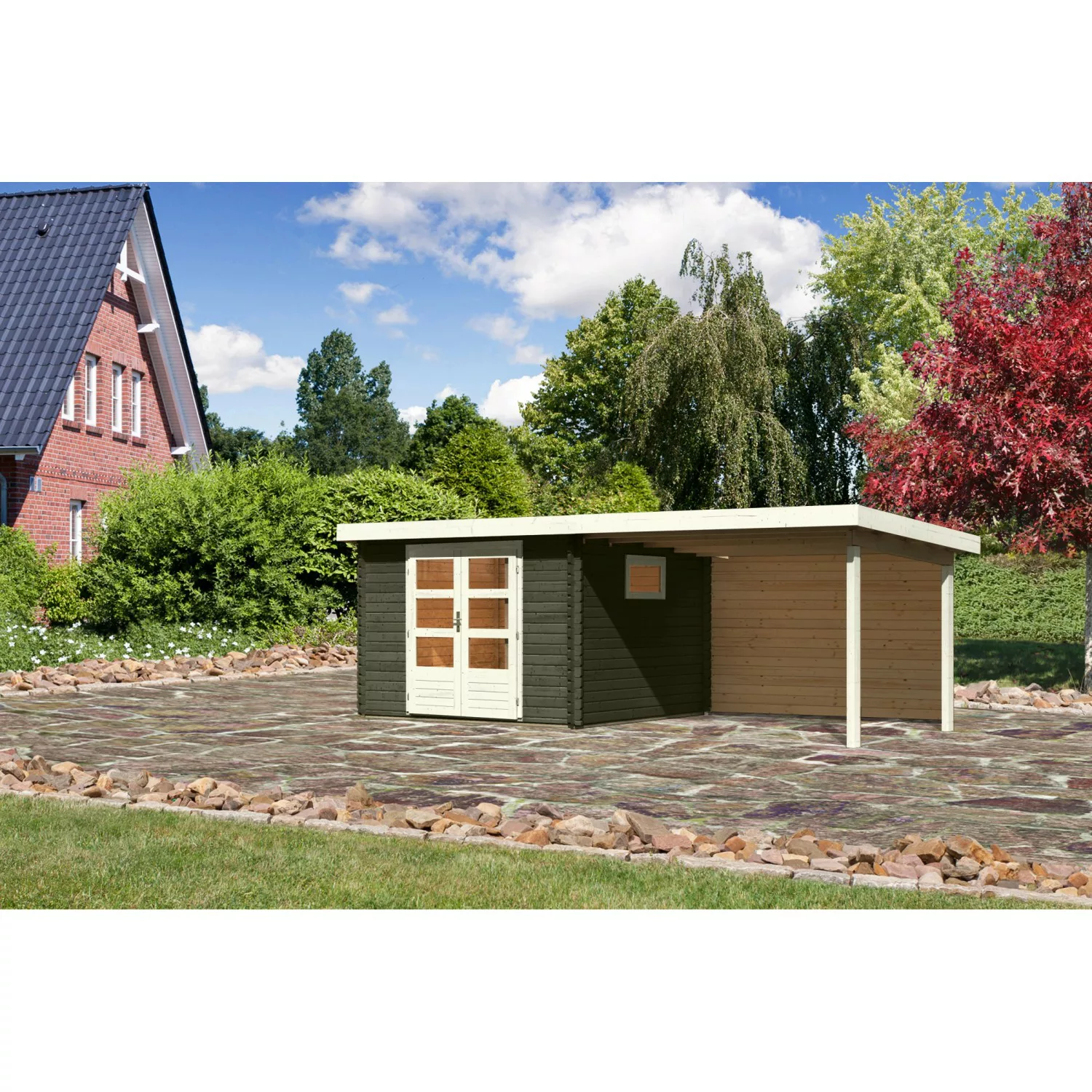 Karibu Gartenhaus/Gerätehaus Jeebel 3 Terragrau 580,5 x 297 cm mit Anbaudac günstig online kaufen