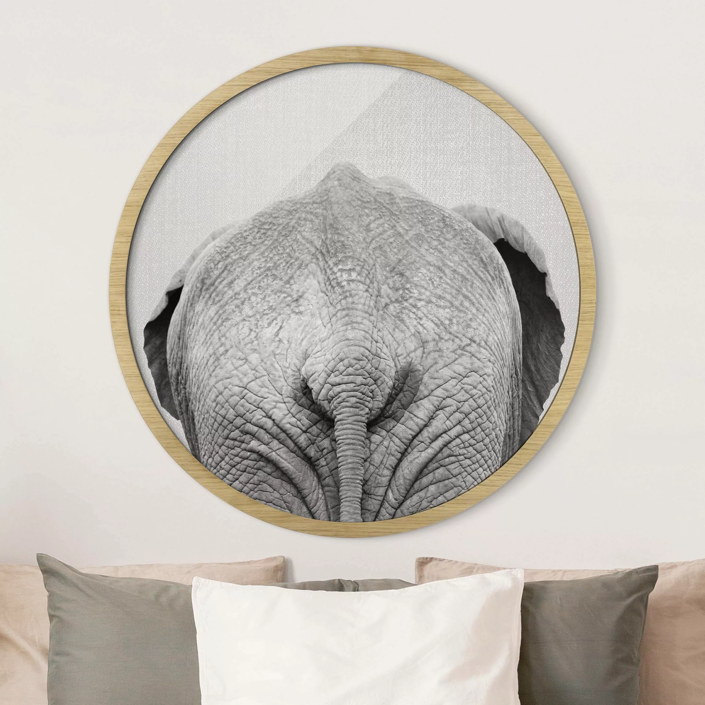 Rundes Gerahmtes Bild Elefant von hinten Schwarz Weiß günstig online kaufen