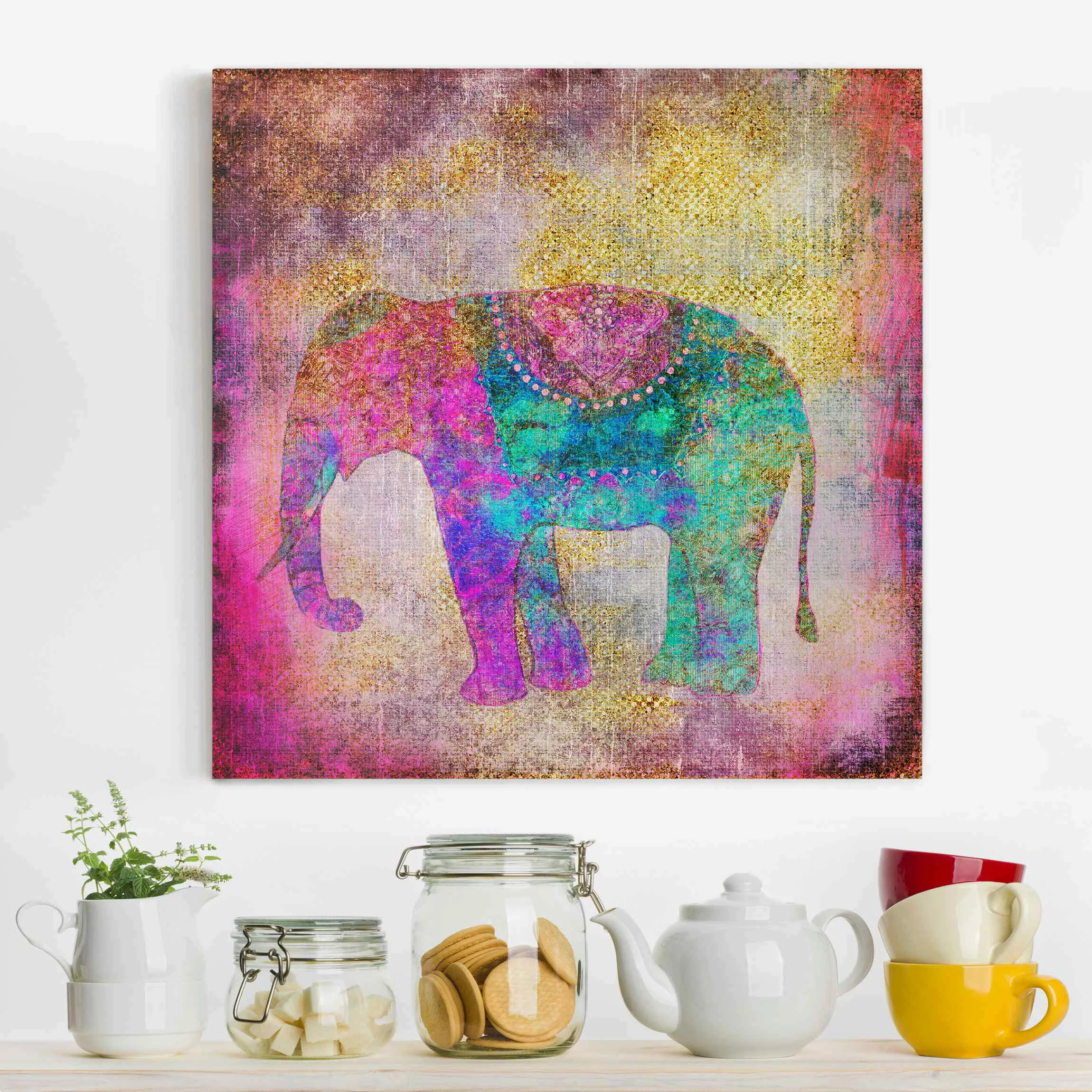 Leinwandbild Bunte Collage - Indischer Elefant günstig online kaufen