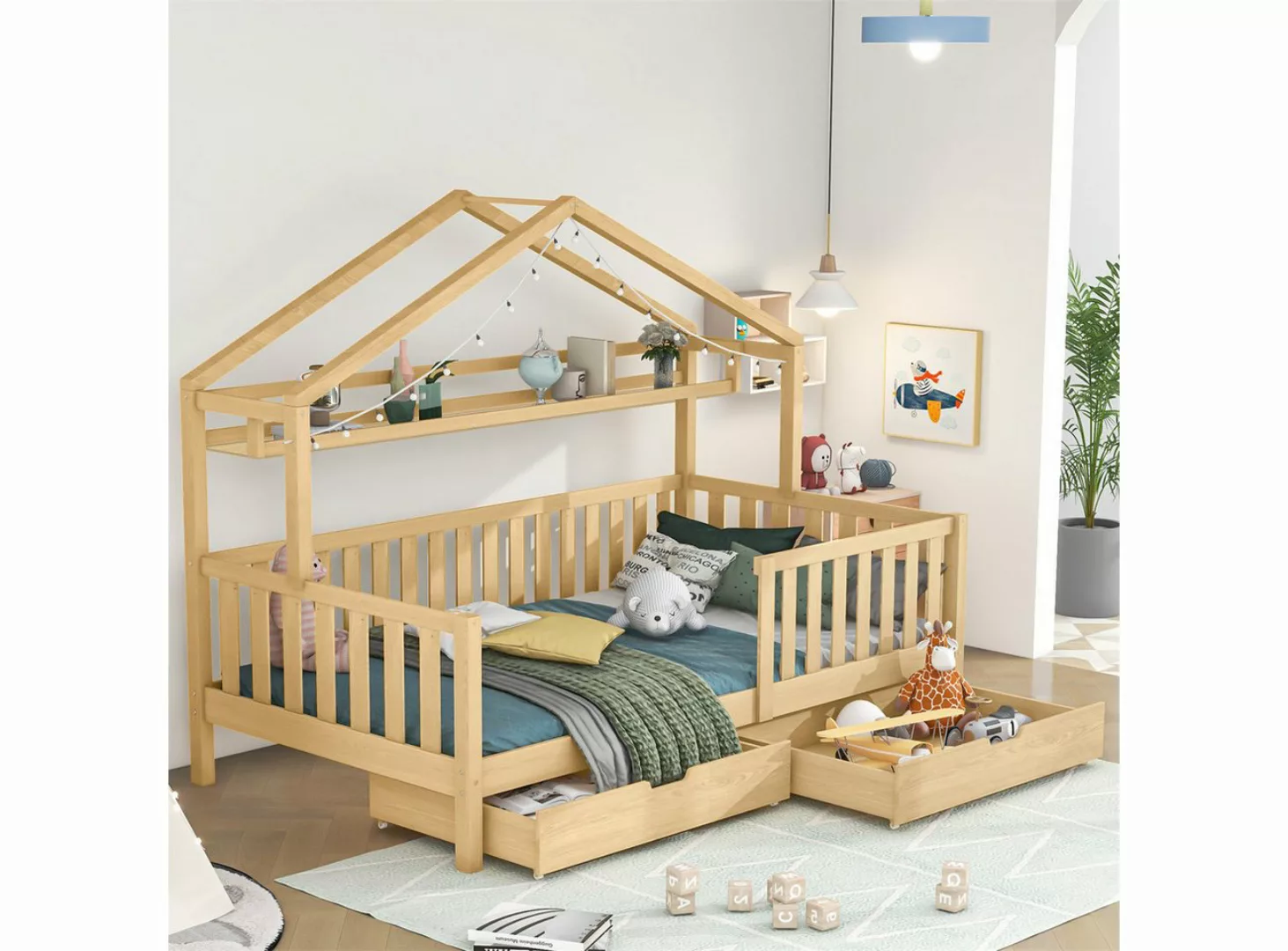 autolock Kinderbett Kinderbett in Holzfarbe,Kinderbett Hausbett mit Schubla günstig online kaufen