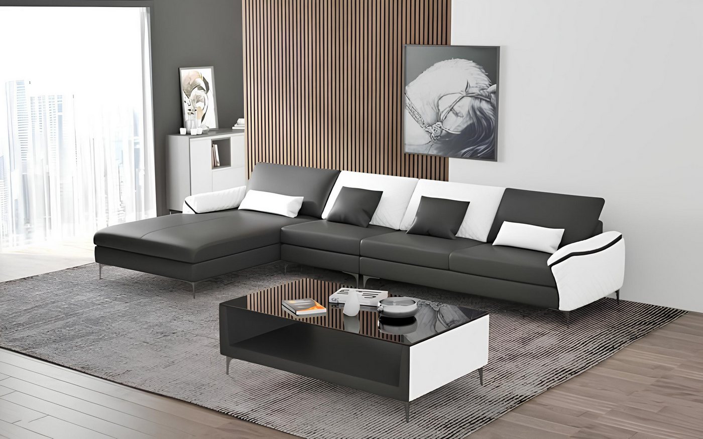 Xlmoebel Ecksofa Schwarzes Ecksofa in L-Form aus luxuriösem Leder - Eckgarn günstig online kaufen