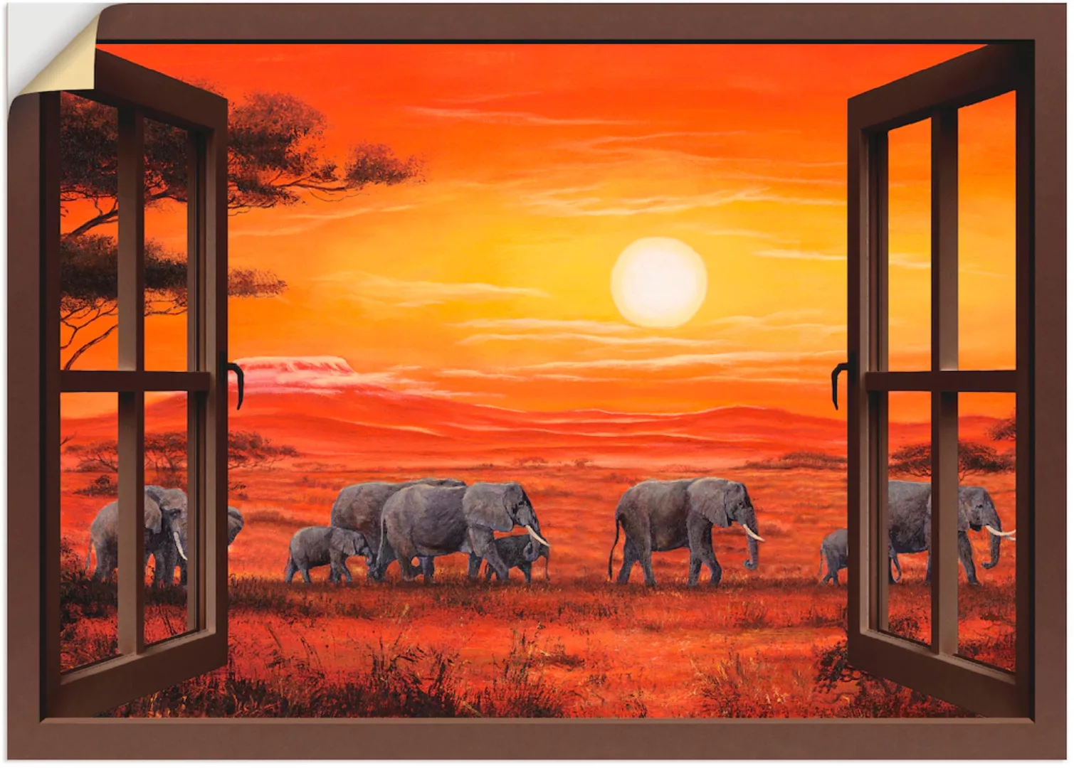 Artland Wandbild "Fensterblick - Elefantenherde", Fensterblick, (1 St.) günstig online kaufen