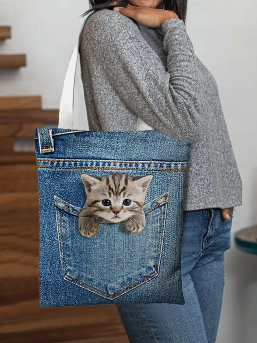 Frauen Leinwand Katze Hund Handtasche Tote günstig online kaufen