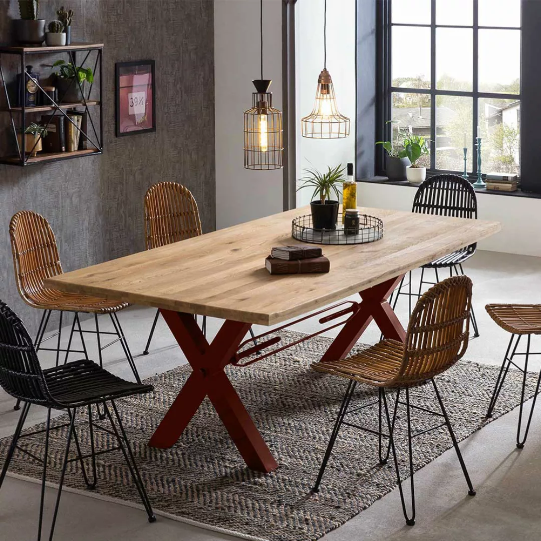 Esszimmertisch aus Wildeiche Massivholz mit Baumkante Metallgestell günstig online kaufen
