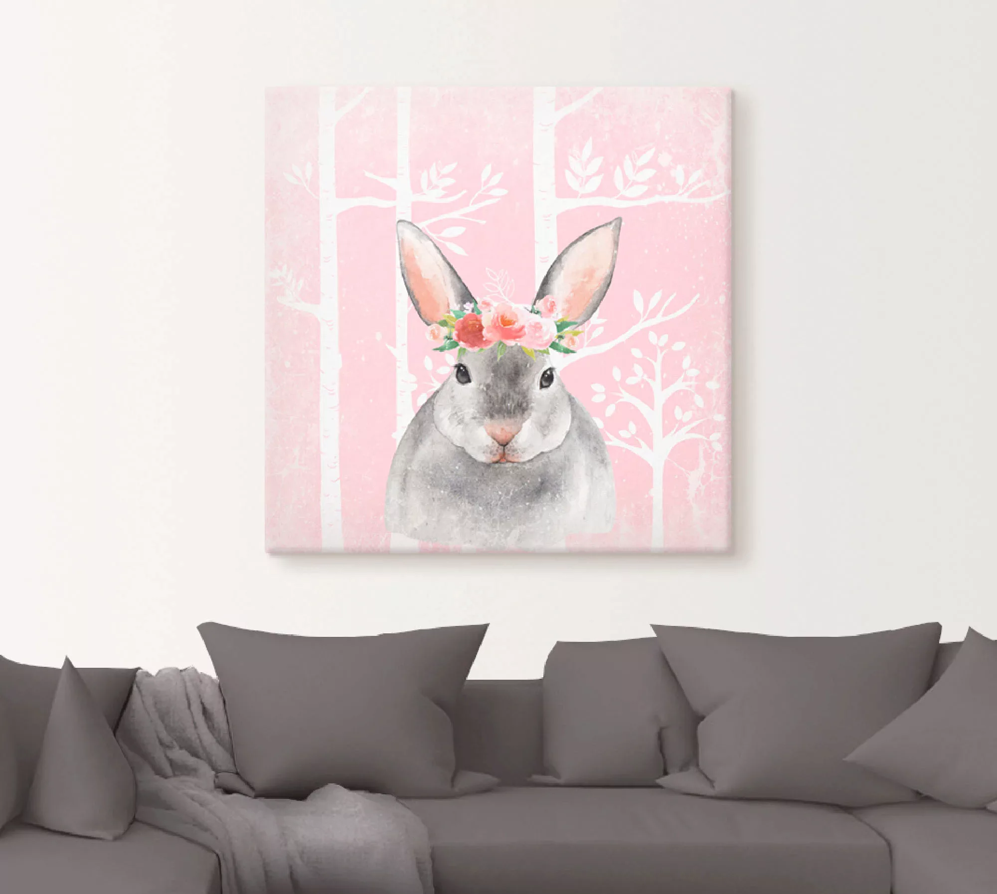 Artland Leinwandbild »Hase mit Blumen im pink Wald«, Tiere, (1 St.) günstig online kaufen