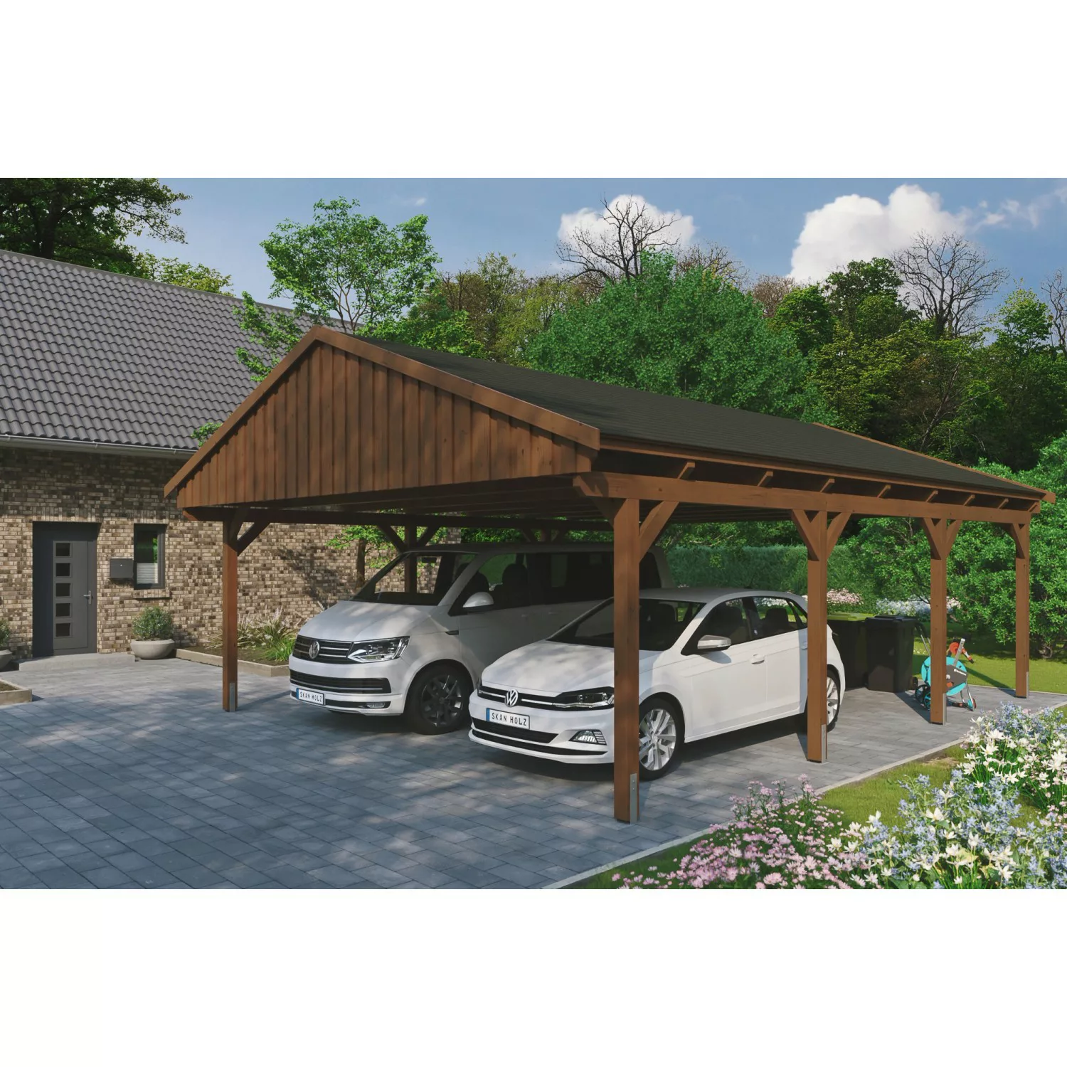 Skan Holz Carport Fichtelberg 618 cm x 808 cm Schwarze Schindeln Nussbaum günstig online kaufen