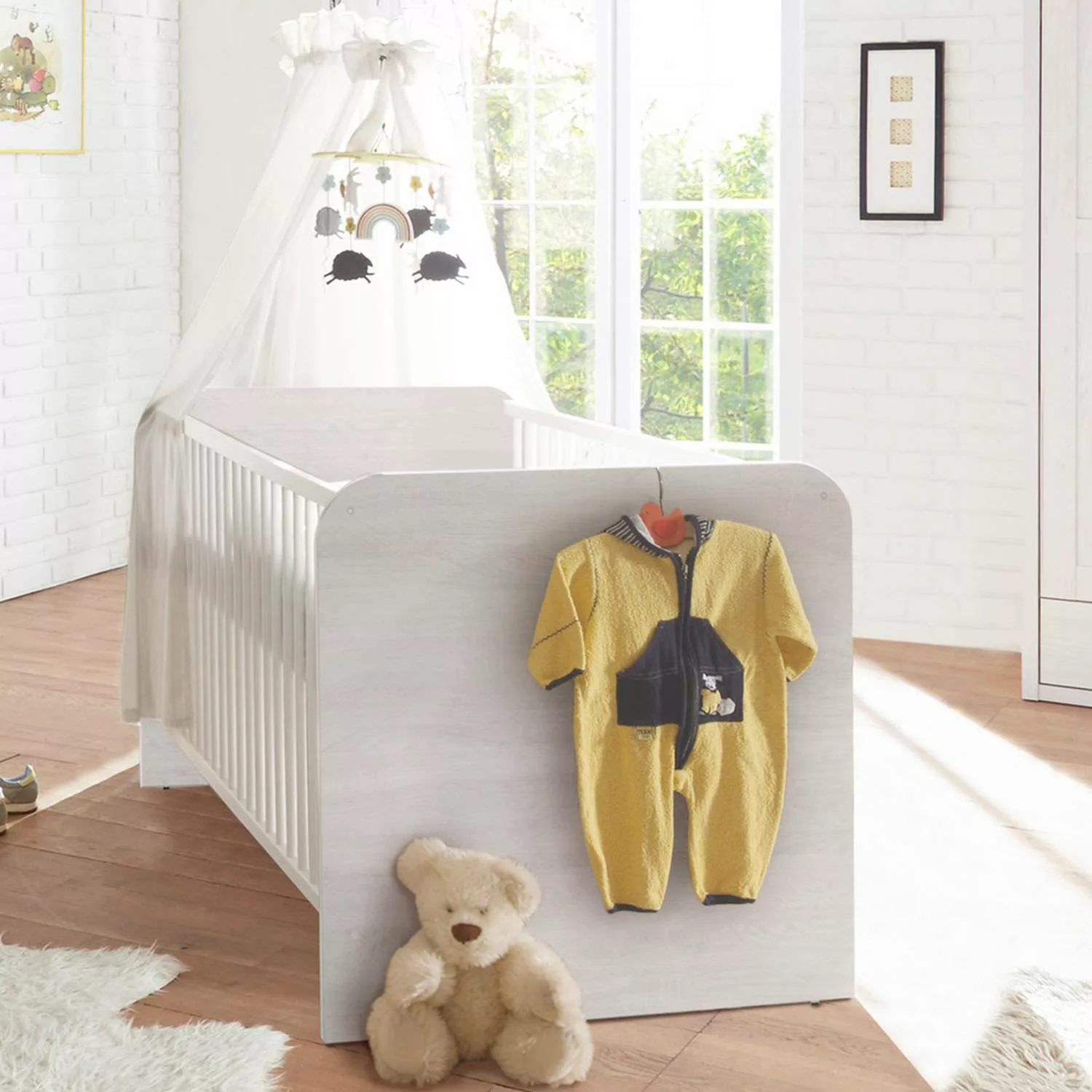 Babybett im Landhaus Design LUND-78 in Pinie weiß Nb., B/H/T: ca. 144/80/82 günstig online kaufen