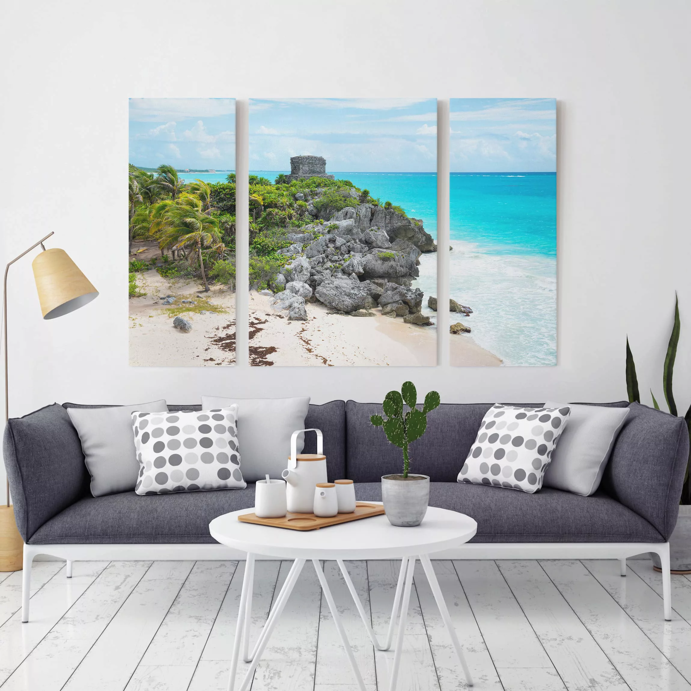 3-teiliges Leinwandbild Strand - Querformat Karibikküste Tulum Ruinen günstig online kaufen
