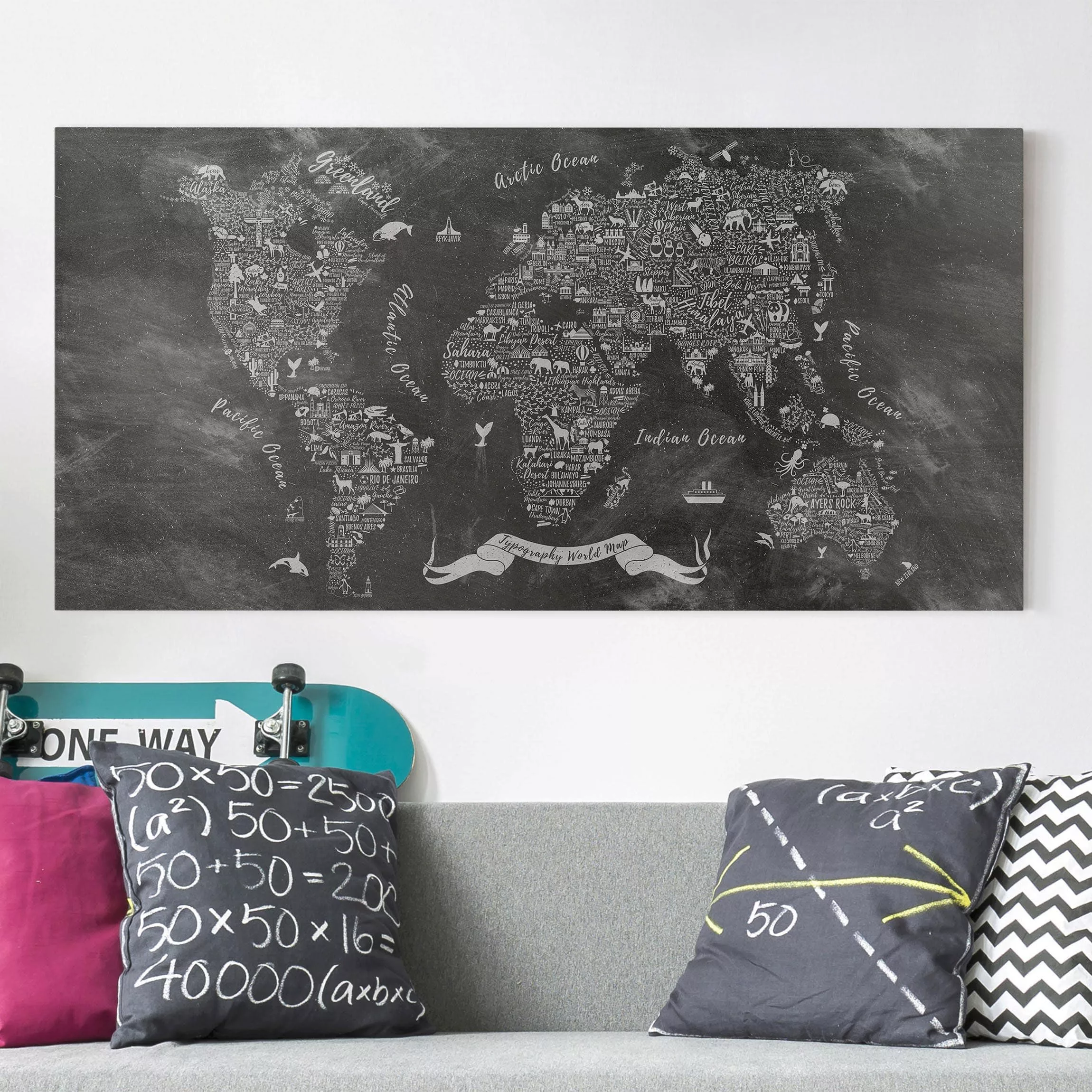 Leinwandbild Weltkarte - Querformat Kreide Typografie Weltkarte günstig online kaufen