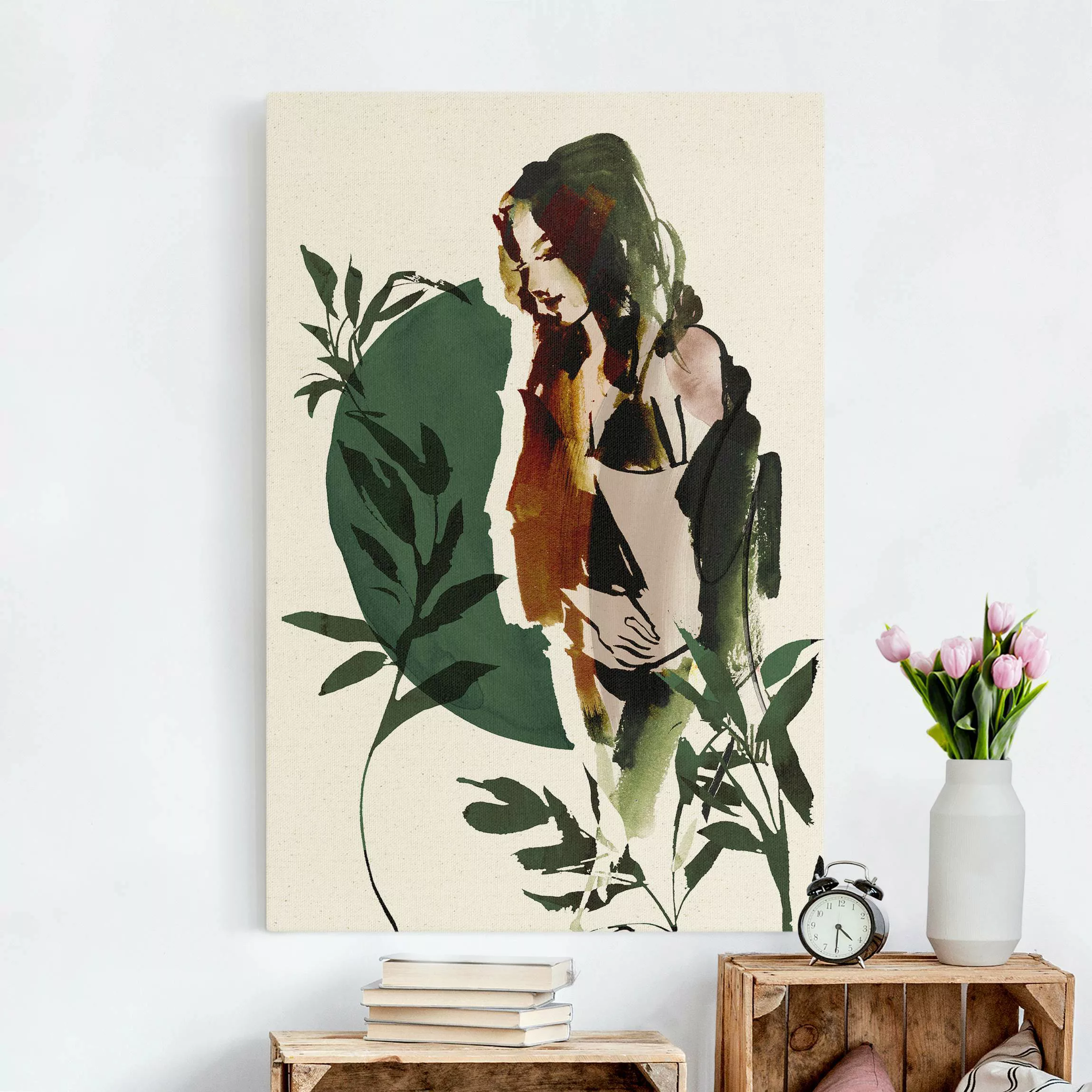Leinwandbild auf Naturcanvas Frau in Aquarell mit Pflanzen günstig online kaufen