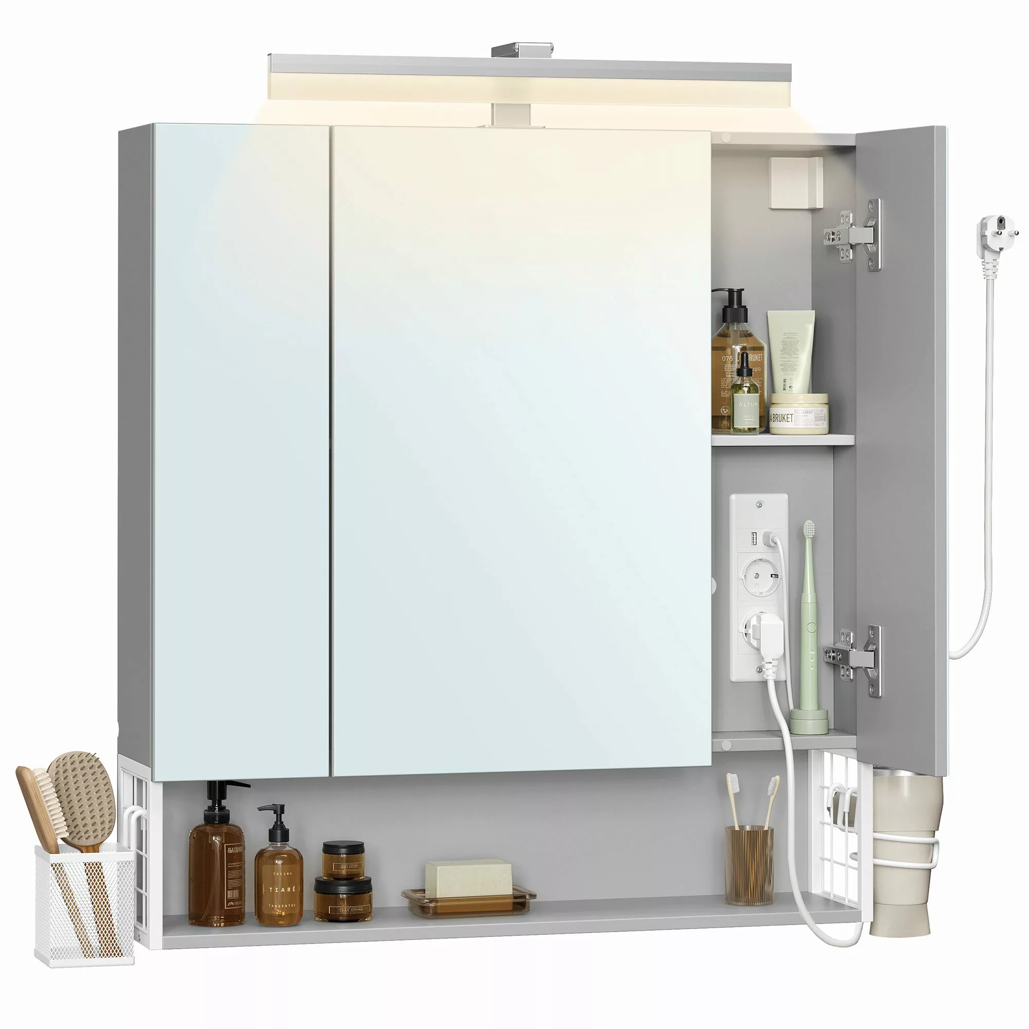 VASAGLE Spiegelschrank Badezimmerschrank mit Steckdosen, Hängekorb, günstig online kaufen