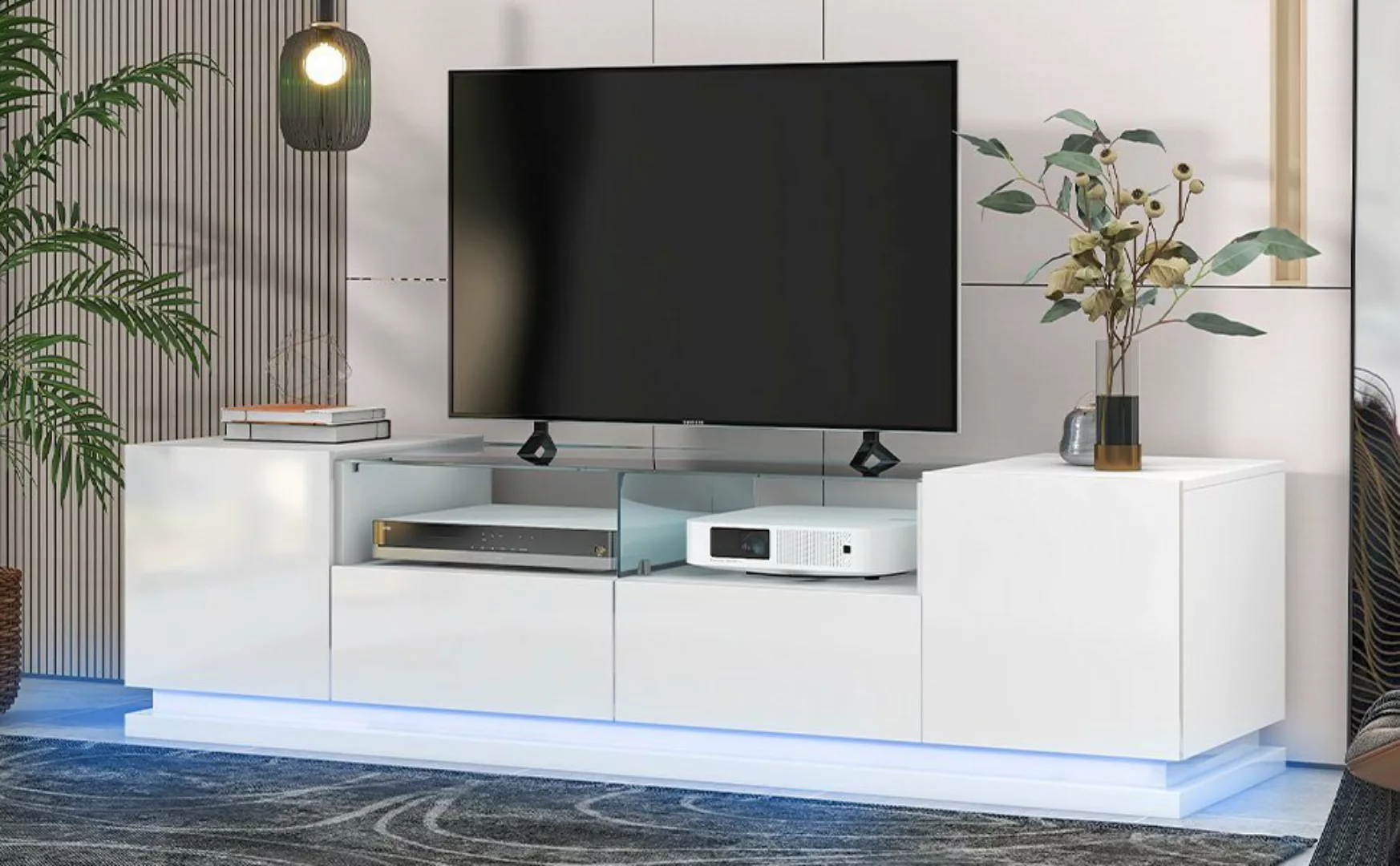 OKWISH TV-Schrank hochglanz TV-Möbel mit Glastischplatte und LED, mit Türen günstig online kaufen