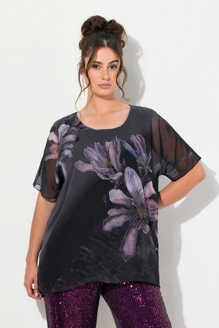 Ulla Popken Longbluse Bluse doppellagig Blüten A-Linie Rundhals Halbarm günstig online kaufen