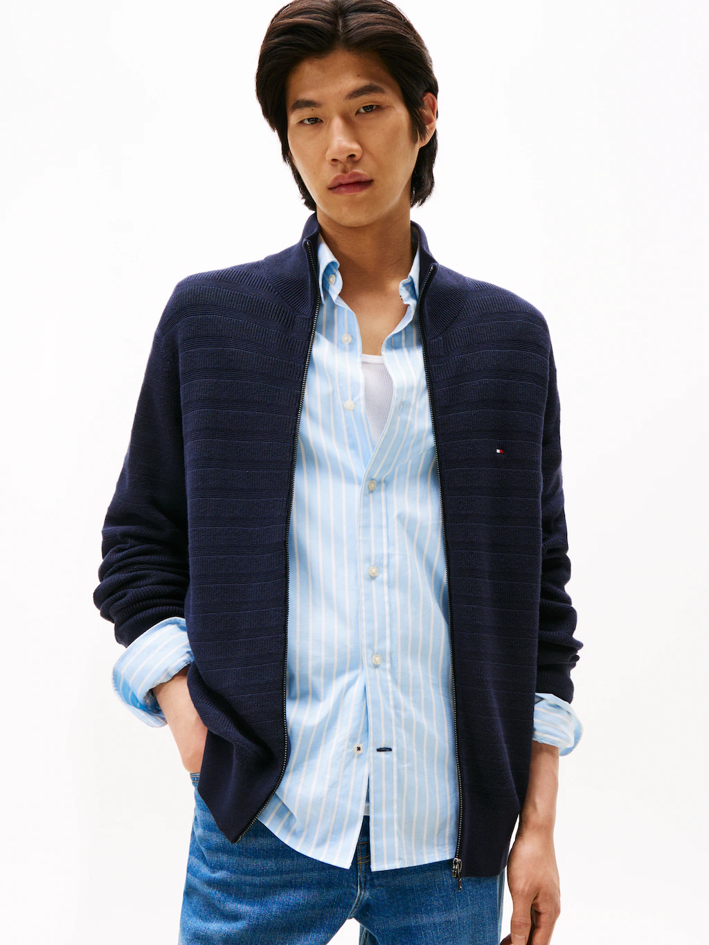 Tommy Hilfiger Strickjacke "STRIPE STRUCTURE", modisches Strickmuster, Steh günstig online kaufen