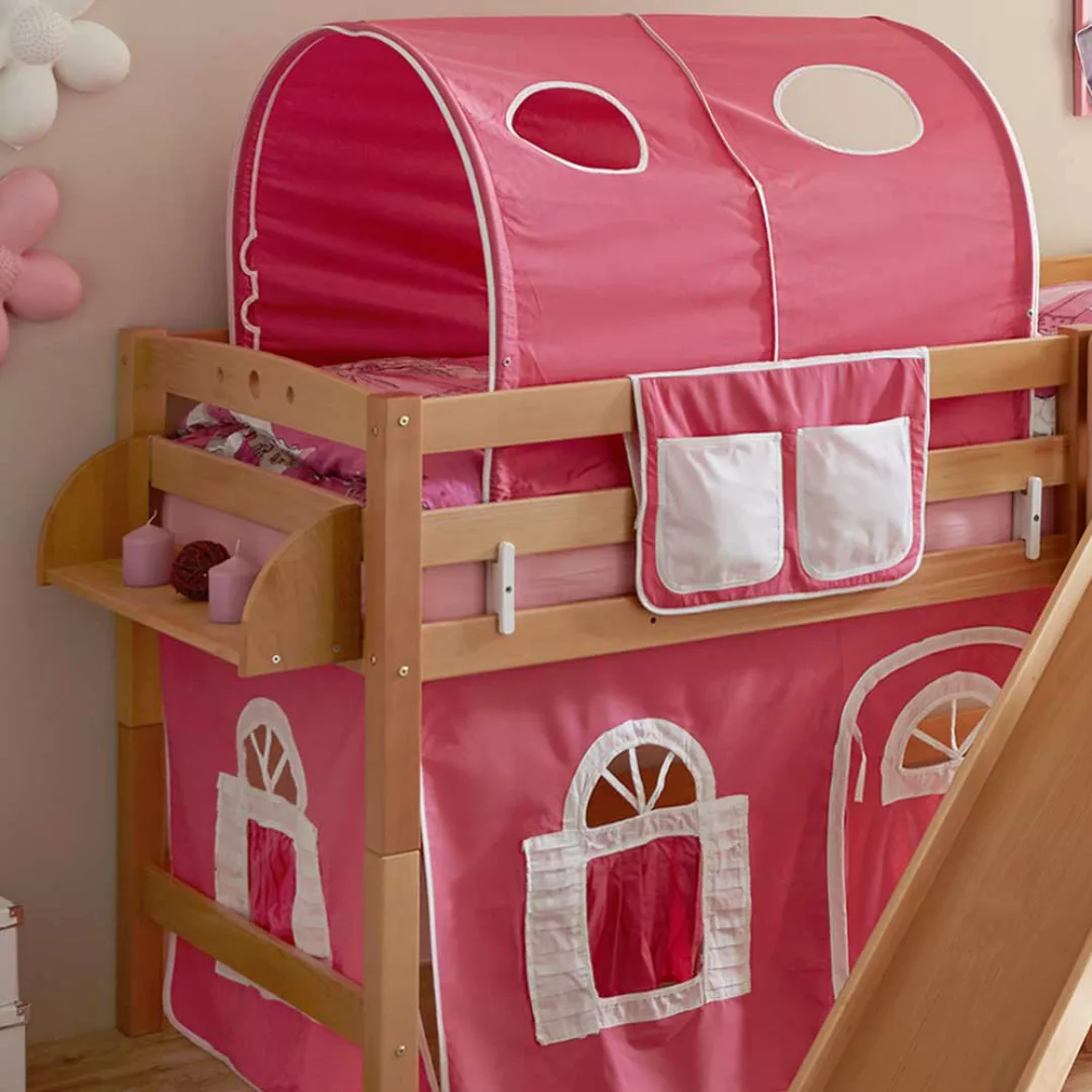 Kinderzimmer Rutschbett aus Buche Massivholz Rutsche und Vorhang in Pink günstig online kaufen